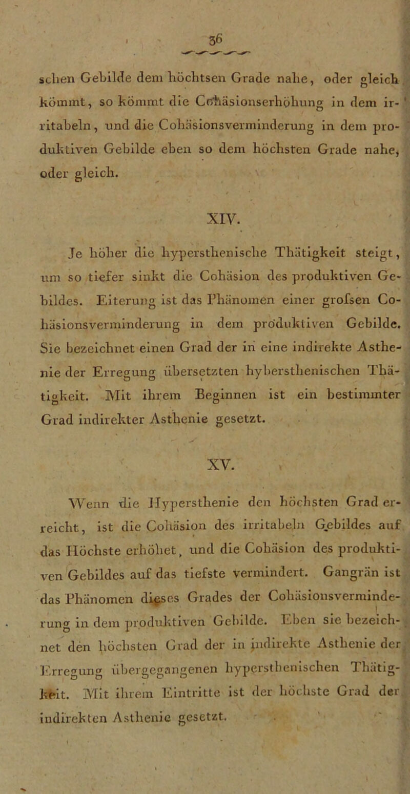 sehen Gebilde dem höchtsen Grade nahe, oder aleich kömmt, so kömmt die CrAäsionserhöhung ln dem ir- ritaheln, und die Cohäsionsvermlnderung in dem pro- duktiven Gebilde eben so dem höchsten Grade nahe, oder gleich. \ L XIV. Je höher die hypersthenische Thätlgkeit steigt, um so tiefer sinkt die Cohäsion des produktiven Ge- bildes. Eiterung ist das Phänomen einer grofsen Co- häslonsverininderung in dem produktiven Gebilde. Sie bezeichnet einen Grad der in eine indirekte Asthe- nie der Erregung übersetzten hyhersthenischen Tbä- tiokeit. Mit ihrem Beginnen ist ein bestimmter Grad indirekter Asthenie gesetzt. XV. Wenn die Hypersthenie den höchsten Grad er- reicht, ist die Cohäsion des irritabeln G.ebildes auf das Höchste erhöhet, und die Cohäsion des produkti- ven Gebildes auf das tiefste vermindert. Gangrän ist das Phänomen dieses Grades der Cohäslonsverminde- rung in dem produl^tiven Gebilde. Eben sie bezeich- net den höchsten Grad der in p‘fhrekte Asthenie der l'^re^unfT übergegangenen byperstbenlscben Thätig- BJlt ihrem Eintritte ist der höchste Grad der indirekten Asthenie gesetzt. . ' •'