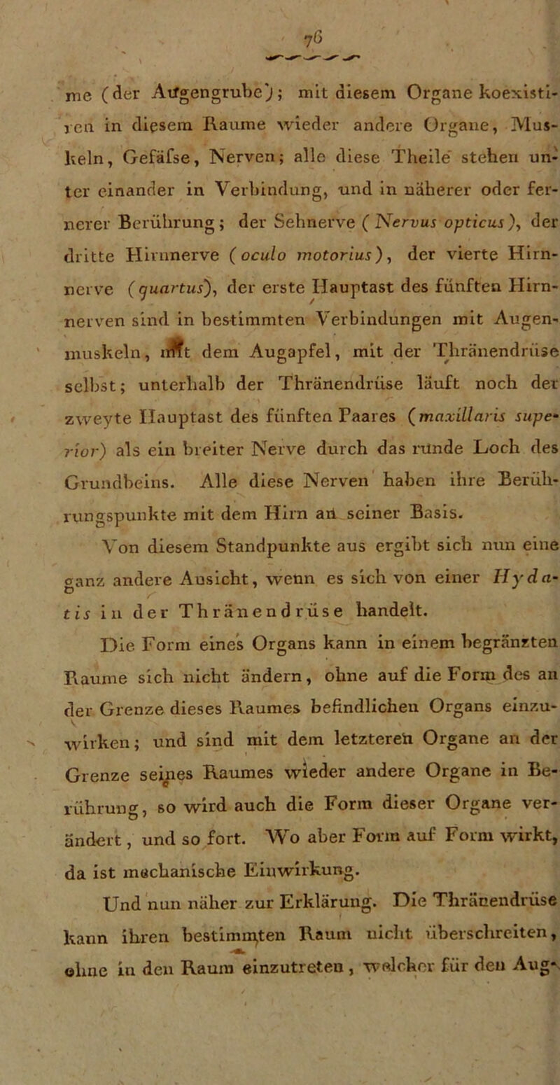 me (der Aifgengrubc;; mit diesem Organe koexisti- ren in diesem Raume wieder andere Organe, Mus- keln, Gefäfse, Nerven; alle diese Theile' stehen un- ter einander in Verbindung, und ln näherer oder fer- nerer Berührung; der Sehnerve ( Nervus opticus), der dritte Hirunerve (oculo motorius), der vierte Hirn- nerve ((juartus), der erste Hauptast des fünften Hirn- nerv'en sind in bestimmten Verbindungen mit Augen- muskeln, lÄt dem Augapfel, mit der Thränendrüse selbst; unterhalb der Thränendrüse läuft noch der zweyte Ilauptast des fünften Paares (maxillmis supe- r'wr) als ein breiter Nerve durch das runde Loch des Grundbeins. Alle diese Nerven' haben ihre Berüh- rungspunkte mit dem Hirn an seiner Basis. Von diesem Standpunkte aus ergibt sich nun eine ganz andere Ansicht, wenn es sich von einer Hyda- tis in der Thränendrüse handelt. Die Form eines Organs kann in einem begränzten Raume sich nicht ändern, ohne auf die Form des an der Grenze dieses Raumes befindlichen Organs einzu- wirken; und sind mit dem letzteren Organe an der Grenze seijies Raumes wieder andere Organe in Be- rührung, so wird auch die Form dieser Organe ver- ändert , und so fort. Wo aber Form auf Form wirkt, da ist mechanische Einwirkung. Und nun näher zur Erklärung. Die Thränendrüse kann ihren bestimm^ten Raum nicht überschreiten, ohne in den Raum einzutreten , welcher für den Augr