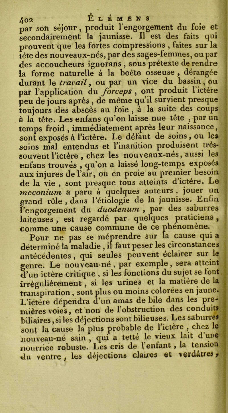 par soft séjour, produit rengorgemeut du foie et secondairement la jaunisse. Il est des faits qui prouvent que les fortes compressions , faites sur la ^ tête des nouveaux-nés, par des sages-femmes, ou par des accoucheurs ignorans , sous prétexte de rendre j la forme naturelle à la boè'te osseuse , dérangée j durant le travail, ou par un vice du bassin, ou ; par l’application du forceps , ont produit l’ictère ' peu de jours après , de même qu’il survient presque ■. toujours des abscès au foie , à la suite des coups < à la tête. Les enfans qu’on laisse nue tête , par un ; temps froid , immédiatement après leur naissance, j sont exposés à l’ictère. Le défaut de soins, ou les i soins mal entendus et l’inanition produisent très- ? souvent l’ictère , chez les noüveaux-nés, aussi les enfans trouvés , qu’on a laissé long-temps exposés i aux injures de l’air, ou en proie au premier besoin > de la vie , sont presque tous atteints d’ictère. Le | méconium a paru à quelques auteurs , jouer un | grand rôle , dans l’étiologie de la jaunisse. Enfin l’engorgement du duodénum , par des saburres laiteuses, est regardé par quelques praticiens, comme une cause commune de ce phénomène. Pour ne pas se méprendre Sur la cause qui a déterminé la maladie , il faut peser les circonstances , antécédentes, qui seules peuvent éclairer sur le . genre. Le nouveau-né , par exemple, sera atteint | d’un ictère critique , si les fonctions du sujet se font ,| irrégulièrement, si les urines et la matière de la transpiration, sont plus ou moins colorées en jaune. L’ictère dépendra d’un amas de bile dans les pre- ] mières voies, et non de l’obstruction des conduits ; biliaires, si les déjections sont bilieuses. Les saburres sont la cause la plus probable de l’ictère , chez le nouveau-né sain , qui a tetté le vieux lait d une nourrice robuste. Les cris de l’enfant, la tension du ventre ^ les déjections claires et verdâtres f |