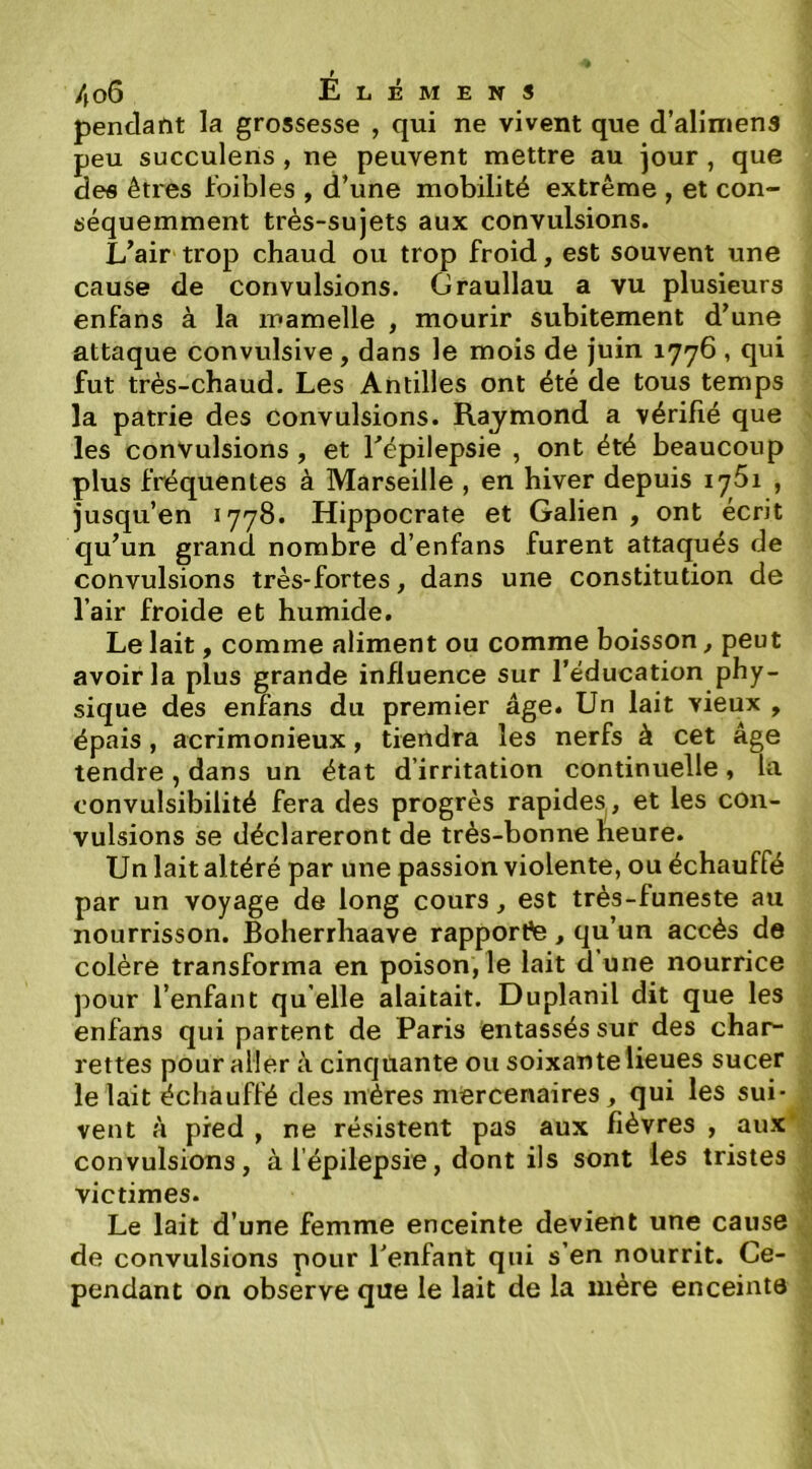 f 406 E L É M E N s pendant la grossesse , qui ne vivent que d’alimens peu succulens , ne peuvent mettre au jour , que des êtres foibles , d’une mobilité extrême , et con- séquemment très-sujets aux convulsions. L’air trop chaud ou trop froid, est souvent une cause de convulsions. Graullau a vu plusieurs enfans à la mamelle , mourir subitement d’une attaque convulsive, dans le mois de juin 1776 , qui fut très-chaud. Les Antilles ont été de tous temps la patrie des convulsions. Raymond a vérifié que les convulsions, et Tépilepsie , ont été beaucoup plus fréquentes à Marseille , en hiver depuis 1761 , jusqu’en 1778. Hippocrate et Galien , ont écrit qu’un grand nombre d’enfans furent attaqués de convulsions très-fortes, dans une constitution de l’air froide et humide. Le lait, comme aliment ou comme boisson, peut avoir la plus grande influence sur l’éducation phy- sique des enfans du premier âge. Un lait vieux , épais, acrimonieux, tiendra les nerfs à cet âge tendre , dans un état d’irritation continuelle, la convulsibilité fera des progrès rapides , et les con- vulsions se déclareront de très-bonne heure. Un lait altéré par une passion violente, ou échauffé par un voyage de long cours, est très-funeste au nourrisson. Boherrhaave rapporté, qu’un accès de colère transforma en poison, le lait d une nourrice pour l’enfant qu elle alaitait. Duplanil dit que les enfans qui partent de Paris entassés sur des char- rettes pour aller à cinqüante ou soixante lieues sucer le lait échauffé des mères mercenaires, qui les sui- vent à pied , ne résistent pas aux fièvres , aux convulsions, à l’épilepsie, dont ils sont les tristes victimes. Le lait d’une femme enceinte devient une cause de convulsions pour Tenfant qui s’en nourrit. Ce- pendant on observe que le lait de la mère enceinte