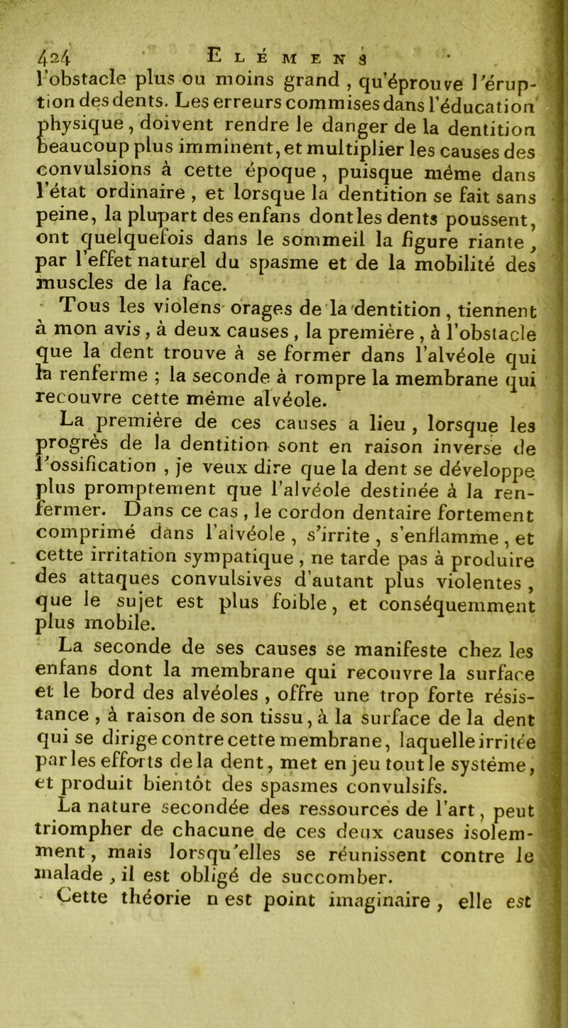 l’obstacle plus ou moins grand , qu’éprouve l’érup- tion des dents. Les erreurs commises dans l’éducation physique , doivent rendre Je danger de la dentition beaucoup plus imminent, et multiplier les causes des convulsions à cette époque , puisque même dans l’état ordinaire , et lorsque la dentition se fait sans ■ peine, la plupart desenfans dont les dents poussent, ont quelquefois dans le sommeil la figure riante ^ par l’effet naturel du spasme et de la mobilité des muscles de la face. Tous les violens orages de la dentition , tiennent à mon avis, à deux causes , la première , à l’obstacle que la dent trouve à se former dans l’alvéole qui | la renferme ; la seconde à rompre la membrane qui i recouvre cette même alvéole. ■ La première de ces causes a lieu , lorsque les ' progrès de la dentition sont en raison inverse de l’ossification , je veux dire que la dent se développe plus promptement que l’alvéole destinée à la ren- fermer. Dans ce cas , le cordon dentaire fortement comprimé dans l’aivéole , s’irrite , s’enflamme , et cette irritation sympatique , ne tarde pas à produire des attaques convulsives d’autant plus violentes , que le sujet est plus foible, et conséquemment plus mobile. La seconde de ses causes se manifeste chez les enfans dont la membrane qui recouvre la surface et le bord des alvéoles , offre une trop forte résis- tance , à raison de son tissu, à la surface de la dent qui se dirige contre cette membrane, laquelle irritée par les efforts de la dent, met en jeu tout le système, : et produit bientôt des spasmes convulsifs. La nature secondée des ressources de l’art, peut . triompher de chacune de ces deux causes isolem- ^ ment, mais lorsqu’elles se réunissent contre le ! malade , il est obligé de succomber. Cette théorie n est point imaginaire , elle est