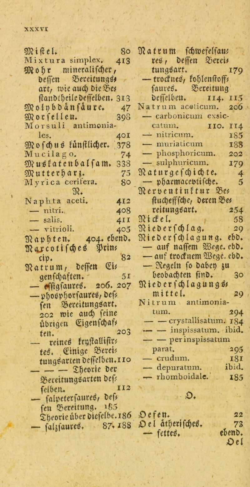 XXX VI SOMftel* So Mixtura simplex» 413 20? 0 fjr ntineralifcber, beficn Bereitung^# art, tt>ie aud) Die 53c# fcanbtbeilebeffelbcn* 313 Sftolpbbanfdure* 47 SÖtorfelleu* 398 Morsuli antimonia- les. 401 $?ofd&u$ lünfl(id)cr* 378 M u c i 1 a g o. 74 €0cusfatcnbalfam* 338 SKutterJarj* 75 Myrica cerifera*. go St* Naphta aceli. 412 — nitri., 408 — salis. 411 — ritrioli. 405 TRa404* ebenb* St<u*cotifchc£ 3>ritt* cip* > '82 Statrunt/ beffen (Ei* genfdhaftcn*. 5i — efftgfaure^* 206» 207 — p^oep^otfautee^ Dcf^ fen Bereitungsart* 202 wie aud) feine übrigen (Eigenfdjaf* ' ten. 203 — rcineS fr$jMiftr* tcS* Einige Bereu tungSarten Deffclbetuno — £ljeonc Der Bereitungsarten Dcf* felbem* n* — falpcterfaureS, bef* fen Bereitung* i65 £l)eoric über Diefclbe. 186 — fal$faurcS* 87» *88 Matrum fcbmcfelfau* res , helfen Bereu fuugsart* 179 — troäneS/ fo^IenfToff^ fauteS* Bereitung beffelben* 114* 115 Na trum acalicum. 206 — carbonicum exsic- catum. 110, 114 “ nitricum. iS5 — muriaticum 188 — phosphoricum. 202 — sulphuricum. 179 St a t u r g c f d) i cb t e* 4 — pbarmaccutifcbe, 5 SRer&entinftur Be* fluebefffefee, Deren Be# reitungsart* 254 TR i cH c !♦ 58 Stieberfcblag* 29 Stieberfcfjlagung* ebb* — auf nafiem SBege* ebb, — auf troefnem Söege. ebb* — Siegeln fo habet) ju beobachten fmb* 30 SticberfdjlagungS# mittel* 29 Nitrum antimonia- tum. 294 crystallisatum. 134 — — inspissatum. ibid, — — per inspissatum parat. 295 — crudum. 181 — depuratum. ibid. , rhomboidale. i85 £>* Oefen* 22 ^)el atfjerifcbeS* 73 — fettest ebenb* Oel t