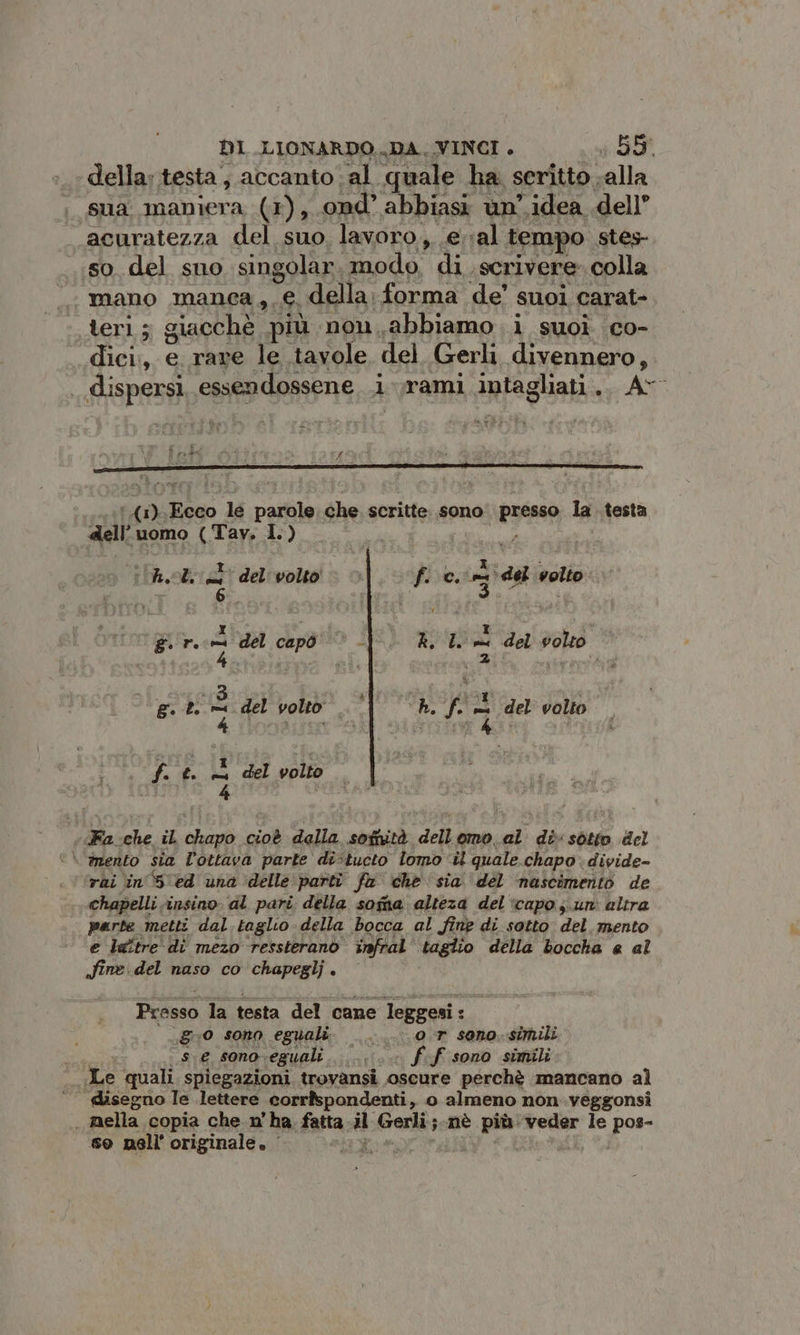 della: testa; accanto ‘al quale ha seritto, Lila sua maniera (1), ond’ abbiasi un'idea dell’ acuratezza del suo lavoro, .eval tempo stes so del suo singolar snodo: di. scrivere colla - mano manca, e della. forma de’ suoi carat- teri; giacchè più non.abbiamo i suoi co- dici, e rare le tavole del Gerli divennero, | dispersi, essendossene i rami intagliati sp A 4 , I par 1A sei: Tieao le parole che. scritte sono paese la testa «dell’uomo (Tav, I.) (hot di del'volto © |. fi e. dida volto P 6 i 1 bd | | 1 i g.r. n del capò © - kh, L pi del volto ! get È del volto .°| © h. f. È del volto 4 iTonasiso sona f. £. + del volto 4 Fa -che il chapo cioè dalla sofuità dellomo al di sotto del \ mento sia l'ottava parte di-tucto lomo il quale. chapo divide- rai in'5'ed una delle parti fa che sia del nascimento de chapelli insino. dl pari della sofha alteza del ‘capo ;.un altra parte metti dal taglio della bocca al fine di sotto del mento e laître di mezo ressteranò infral taglio della boccha e al Jfine.del naso co chapeglj. Presso la testa del cane leggesi: ‘go sono eguali. _. —— or sono.simili se, sono-eguali ,..... ff sono simili Le quali spiegazioni trovansi oscure perchè mancano al disegno le lettere corrispondenti, o almeno non.veggonsi nella copia che n’ha. fatta a Gerli; nè pia veder le por se nell’ originale. |