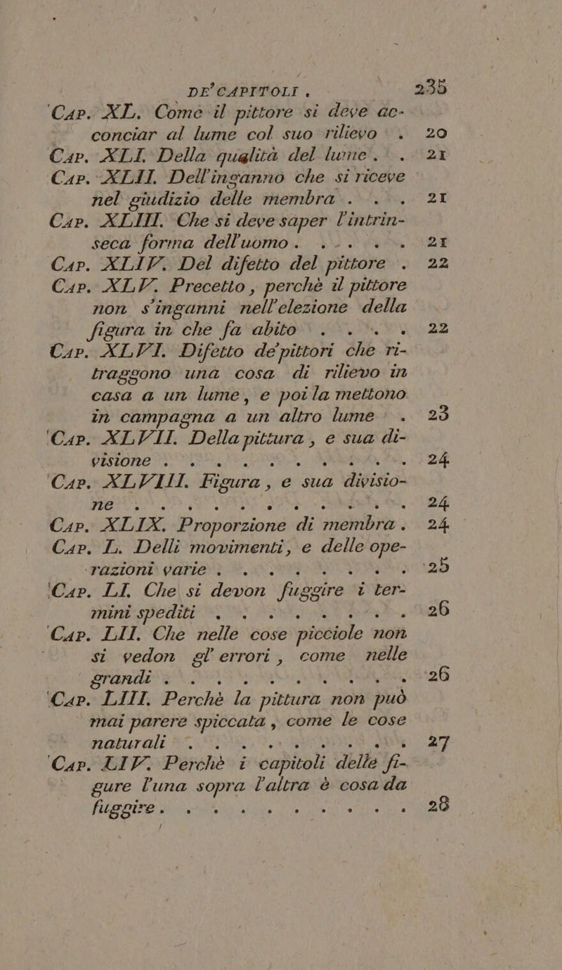 | DE'CAPPROLI . Cap. XL. Come il pittore si deve ac- conciar al lume col suo rilievo ‘ . Cap. XLI Della qualità del lume. Cap. XLII. Dell'insanno che si riceve nel giudizio delle membra... Cap. XLIIM. Che si deve saper l'intrin- seca' forma ‘dell'ubmio. ‘i 65. Cap. XLIV. Del difetto del pittore . Cap. XLV. Precetto , perchè il pittore non s inganni nell’elezione della igura in che fa abito . .. + Cap. XLVI. Difetto de’pittori che ri- traggono una cosa di rilievo in casa a un lume, e poila mettono in campagna a un altro lume Cap. XLVII. Della pittura , e sua di- disione DS Cap. ALVIII. Figura, e META ID LATE SP AR DA, Cap. XLIX. Proporzione di membra . Cap. L. Delli movimenti, e delle ope- «sezioni» Vatiexì =. RE ANO ‘Cap. LI. Che si devon fuggire i ter- Dr PE die 1 De DIOR de Cap. LII. Che nelle cose picciole non si vedon gl’ errori, come nelle POTE ETA AAA SE ‘Cap. LIII, Perchè la pittura non può mai parere spiccata , come le cose moeturali A, Oa URTO 0 Cap. LIV. Perchè i capitoli delle fi- gure l'una sopra l'altra è cosa da een A e nt / sua divisio- 22 23 24. 24 24 :25 26 ‘26 7 20