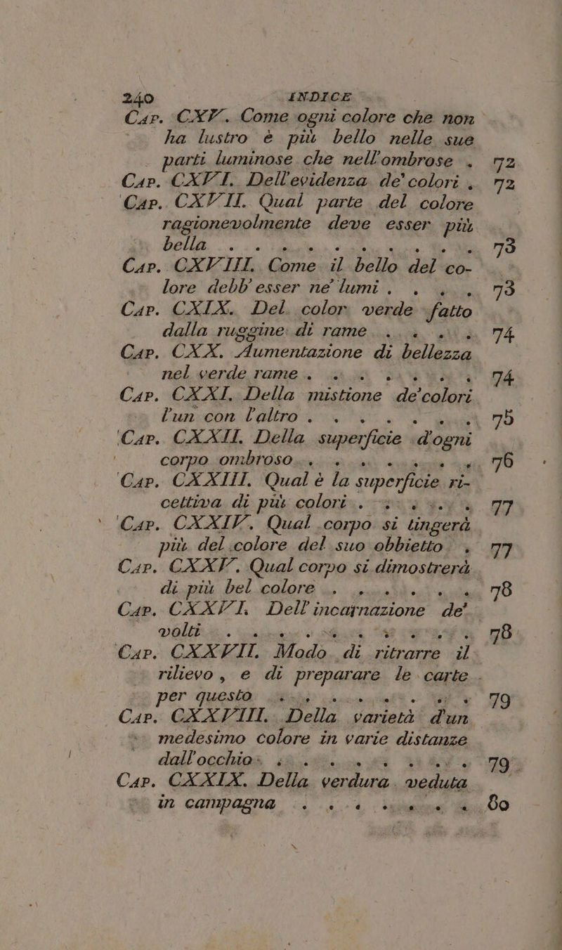 INDICE . ha lustro è più bello nelle sue . parti luminose che nell'ombrose . Cap. CAVI. Dell'evidenza de’ colori + Cap. CXV II. Qual parte del colore ragionevolmente deve esser pù bella lore debb' esser ne lumi . . 4 Cap. CXIX. Del. color. verde fatto . dalla ruggine di rame... . Cap. CXX. Aumentazione di fatica nel verde rame . . Cap. CXAI, Della Lana ai ba vi, lun con laltro . corpo ombroso.. cettiva di pù colori. o Car. CXXIV. Qual corpo si Lat vi. del. colore del suo obbietto di più bel colore... . volti . q tas Cap. CXX VII Modo. di Libor #5, er questo dala) ist medesimo colore in varie distanze dall'occhio: ba ide e &lt;a 4, «ge 72 79.