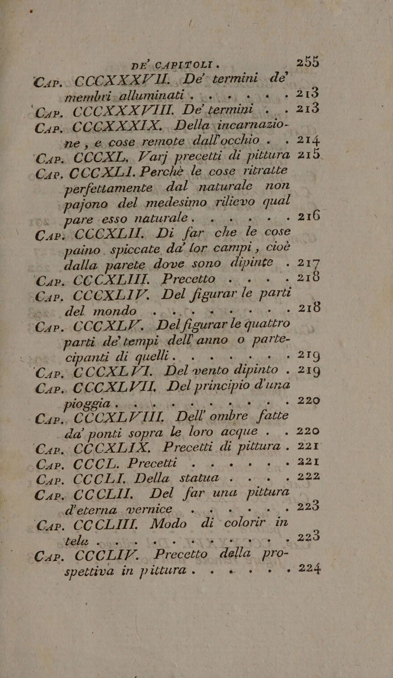 Cir. CCCXXAF IU. De” termini de’ membvisplluniinativ rta «3 ‘Cyr. CCCXXXVIII. De termini +. Cap. CCCXXAXIA. Della-incarnazio- ne ; €. cose remote dall'occhio ; C40. CCCXALI. Perchè le cose ritratte perfettamente dal naturale non pajono del medesimo rilievo que: ‘&lt;. pare esso naturale . Capi CCCXLII. Di far na le cose paino . spiccate da’ lor campi , cioè dalla parete dove. sono ak ‘Cap. CCCALIII. Precetto Cap. CCCXLIV. Del fi Sura le parti e del mondo. . Cap. CCCXALI. Del fi Lf ‘surar 1 quattro parti de’ tempi dell'anno o parte- cipanti di quelli . Cap. GCCALTII. Del aio ‘dipinto s Cap. CCCXLVII, Del principio d'una PIOEBIA vivi n ta Cur.. COCXLFIILI, Dell’ ombre fatte da’ ponti sopra le loro acque + Cap. CCCXLIX. Precetti di RETE Cap. CCCL. Precetti i Cap. CCCLI. Della statua . Cap. CCCLII. Del far una pittura «d’eterna vernice ‘Gar. CCCLIII. Modo b:; Poe) in ‘tela “ RO e, PRIA La Cap. CCCLI Vr. Precetto Sato pro- spettiva in putura +. + è. è.» 255 . 216 . 216 219 22 . 2209 224