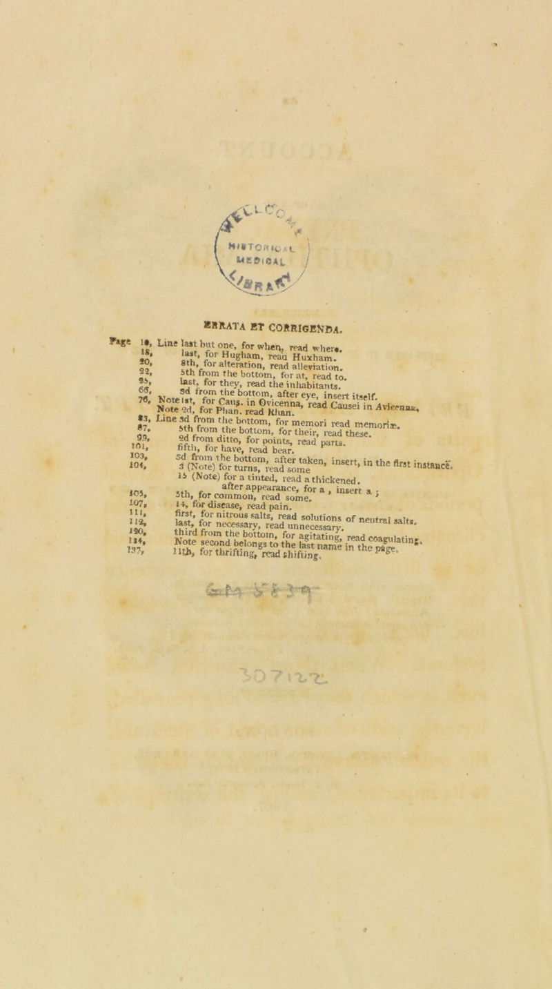 MteTORIGAL \ MEDioaL = / A - ZRRATA FT CORRIGENDA. Vage ie, Line last but one, for when, read where. i 8, last, for Hugham, read Huxham. 20, 8th, for alteration, read alleviation. 92, 5th from the bottom, for at, read to. 25, last, for they, read the inhabitants. 66, $d from the bottom, after eye, insert itself. 76, Noteist, for Caus. in Ovicenna, rea Causei in Avicennz,  Note 2d; for Phan. read Khan: $f . $3, Line sd from the bottom, for memori read memorix,. 87, 5th from the bottom, for their, read these. 99, 2d from ditto, for points, read parts. 161, fifth, for have, read bear. 103, Sd from the bottom, after taken, insert, in the first instance, 104, 3 (Note) for turns, read some is (Note) for a tinted, read a thickened. after Appearance, fora, insert a 5 105, 5th, for common, read some, 107, 4, for disease, read pain. . Wu, first, for nitrous salts, read solutions of nentral salts, 112, last, for necessary, read unnecessary. 120, third from the bottom, for agitating, read coagulating, 134, Note second belongs to the last name in the page, 127, ith, for thrifting, read shifting. Gabaire sa