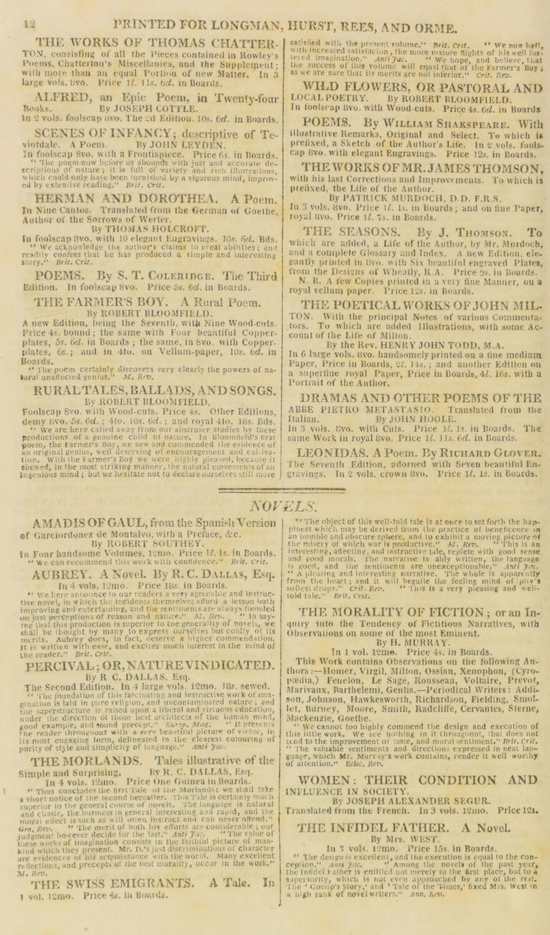 42 THE WORKS OF THOMAS CHATTER- TON, consisting of all the Pieces contained in Rowley’s Poems, Chatterton’s Miscellanies, and the Supplement ; with more than an equal Portion of new Matter. In 3 large vols. 8vo. Price 12. 11s. 6d. in Boards. ALFRED, an Epic Poem, in ‘Twenty-four Rooks. By JOSEPH COTTLE. in 2 vols. foolscap svo. The 2d Editiou. 10s, 6d. in Boards. SCENES OF INFANCY; descriptive of Te- viotdale. A Poem. By JOHN LEYDEN, In foolscap 8vo. with a Frontispiece. Price 6s. in Boards. The poemmow belore us abounds with just and accurate de- scriptions of nature; it is full of variety ‘and rich illustrations, which could only haye been turnished by a vigorous mind, improvy- éd by extensive reading.” Brit. Crit. HERMAN AND DOROTHEA. A Poem. In Nine Cantos. Translated from the German of Goethe, Author of the Sorrows of Werter. F By THOMAS HOLCROFT. Tn foolscap 8vo. with 10 elegant Engravings. 10s. 6d. Bds. * We acknowledge the author’s claims to preat abilities; and readily confees that he has produced a simple and interesting story.’’ Brit. Crit. POEMS. By S. T. CoLtertnce. The Third Edition. In fooilscap 8vo, Price ds. 6d, in Boards. THE FARMER’S BOY. A Rural Poem. By ROBERT BLOOMFIELD. A new Edition, being the Seventh, with Nine Wond-cuts. Price 4s. bonnd; the same with Four beantiful Copper- plates, 5s. Gd. in Boards ; the same, in Svo. with Copper- plates, 6s.; and in 4tu. on Vellum-paper, 10s. 6d. in Boards. : “The poem certainly discovers very clearly the powers of na- tural unatlecied genius.” AI. Rev, RURALTALES, BALLADS, AND SONGS, By ROBERT BLOOMFIELD, Foolscap 8vo. with Wood-ents. Price 4s. Cther Editions, demy svo. 5s. 6d. ; 410. 10s. 6d. ; and royal 4to. 18s. Bds. *« we are here called away from our abstruser studies by these productions of a genuine child of nature. In Bloomticld’s tirst poem, the Farmer's Boy, we saw and conimended the evidence of an original genius, weil descrvying of encouragement and cul.iva- tion. With the Farmer's Boy we were highly pleased, because it shewed, in the most striking manner, the natural movements of an jagenious mind; but we hesitate not to declare ourselves still more HURST, REES, AND ORME. satisfied with the present volume.’ Brit. crit. We now hail, with ingreased satistacion, the more mature flights of his well fos- tered imagination.” Anti Fac, “We hope, and believe, that the success of this volume will equal that of the Farmer’s Boy; as we are sure that its merits are not inferior.” Crit. Rev. WILD FLOWERS, OR PASTORAL AND LOCAL POETRY. By ROBERT BLOOMFIELD. In toolscap 8vo, with Wood-cuts. Price 4s. 6d. in Boards _ POEMS. By Witttam Snaxspeare. With illustrative Remarks, Original and Select. Yo which is prefixed, a Sketch of the Author's Life. In ¢ vols. fools- Cap 8ve. with elegant Engravings. Price 12s. in Boards. THE WORKS OF MR. JAMES THOMSON, with his last Corrections aud Imprevements. To which is prefixed, the Life of the Author. By PATRICK MURDOCH, D.D. F.R.S. ‘ Tn 3 vols. 8vo. Price 12. Is. in Boards; and on fine Paper, royal 8vo. Price 12. 7s. in Boards. THE SEASONS. By J. THomson. To which are added, a Life of the Author, by Mr. Murdoch, and a complete Glossary and Index, A new Edition, ele. gantly printed in Svo. with Six beautiful engraved Plates, from the Desigus of Wheatly, R.A. Price 4s. in Boards. . N. B. A few Copies printed in a very fine Manner, ona royal vellum paper. Price 12s. in Boards. THE POETICAL WORKS OF JOHN MIL- TON. With the principal Notes of various Commenta- tors. To which are added Illustrations, with some Ac- count of the Life of Milton. By the Rev. HENRY JOHN TODD, M.A. In 6 large vols. 8vo. handsomely printed on a fine medium Paper, Price in Boards, ¢/. J4s.; and another Edition on a superfine royal Paper, Price in Boards, 42. 16s. with a Portrait of the Author. DRAMAS AND OTHER POEMS OF THE ABBE PIETRO METASTASIO. Translated from the Italian. By JOHN HOOLE. In 3 vols. Svo. with Cuts. Price 14. ls, in Boards. same Work in royal 8vo. Price 12. 11s. 6d. in Boards. LEONIDAS. A Poem. By Ricuarp GLover, The Seventh Edition, adorned with Seven beautiful En- gravings. In 2 vols. crown 8vo. Price 1/. 1s. in Boards. The ef Garciordonez de Montalvo, with a Preface, &amp;c. By ROBERT SOUTHEY. fr Four handsome Volumes, 1¢mo. Price 14. 1s. in Boards, «(we canrecommend this work with Confidence.” Brit. Crit. AUBREY. A Novel. By R.C. DALLAs, Esq. In4 vols. 12mo. Price 18s. in Boards. ** we here announce to our readers a very agreeable and instruc- tive novel, in which the incidents themselves afford a lesson both improving and entertaining, and the sentiments are always founded on just perceptions of reason and nature.” AL. Rev. “Ip say- ing that this production is superior to the generality of novels, we shall be thought by many to express ourselves but coldly ot its merits. Aubrey does, in fact, ceserve a higher commendation. jt is written with ease, and excites much interest in the mind of the reader.”’ Brét. Crit. PERCIVAL; OR, NATURE VINDICATED. By R C. DALLAS, Esq. The Second Edition. In 4 large vols. 12mo. 18s. sewed. «* Phe foundation of this fascinating and instructive work of sma- gination is laid in pure religion, and uncontaminated nature, and the superstructure is raised upon a libcral and yirtueus education, under the direction of those best architects of the human mind, good example, and sound precept.” Europ, Mag, * It presents the reader throughout with avery beautiful picture of virtue, in its most engaging form, delineated in the clearest colouring of purity of style and simplicity of Janguage.” Ante Fac. THE MORLANDS. ‘Tales illustrative of the Simple and Surprising. By K. c. DA LLAS, Esq. In 4 vols. 12mo. Price One Guinea in Boards. « Thus concludes the first Cale of tie Morlands; we shail take a short notice of the second hereafter. ‘Ihis 'Tale is certainly much superior to the general course of novels. ‘fhe language is natural and chaste, the bugimess in general interesting and rapid, and the morai effect is such as will otten instruct and Can never offend,” Gen, Rev. «phe merit of both his efforts are considerable 5 our judgment however decide for the last.” Anti Fac. “* The value of these works of imagination consists in the faithiul picture of man- kind which they present. Mr, D.’s just discriminations ol character are evidences Of his acquaintance with the world. Many excellent reflections, and precepts of the best morality, occur In the work,” M. Rev. THE SWISS EMIGRANTS. A Tale. In 1 vol. i2mo. Price 4s. in Boards. *« The object of this well-told tale is at once to set forth the hap- piness which may be derived from the practice of beneticence in an litmble and obscure sphere, and to exhibit a moving picture of the misery of which war is productive.” Al. Rev. ‘This is an interesting, affecting, and instractive tale, replete with good sense and good morals. ‘Phe narrative is ably written, the Janguage is good, and the sentiments are unexceptionable.”’ Anti Fcc. ““ A pleasing and interesting narrative. ‘The whole is apparently from the heart; and it will beguile the feeling mind of piivy’s softest drops.” Crit. Rev. © ‘This is a very pleasing and well- told tale.” Brit. Crit. ‘THE MORALITY OF FICTION ; or an In- qniry into the Tendency of Fictitions Narratives, with Observations on some of the most Eminent. By H. MURRAY. In 1 vol. 12me. Price 4s. in Boards. This Work contains Observations on the following An- thors :—Homer, Virgil, Milton, Ossian, Xenophon, (Cyro- pedia,) Fenelon, Le Sage, Rousseau, Voltaire, Prevot, Marivaux, Rarthelemi, Genlis.—Periodical Writers: Addi- son, Jolnson, Hawkesworth, Richardson, Fielding, Smol- let, Burney, Moore, Smith, Radcliffe, Cervantes, Sterne, Mackenzie, Goethe. ““ We cannot too highly commend the design and execution of this little work, We see nothing in it throughout, that does not tend to the improvement of taste, and moral sentiment.” Brit. Crit. “the valuable sentiments and directions expressed in neat lan- guage, which Mr. Murray’s work Contains, render it well worihy of allention.” Eclec., Rev. WOMEN: THEIR CONDITION AND INFLUENCE IN SOCIETY. : By JOSEPH ALEXANDER SEGUR. Translated from the French. In3 vols. 12mo. THE INFIDEL FATHER. A Novel. By Mrs. WEST. In 3 vols. 12mo, Price 15s. in Boards. *€ The design is excellent, and the execution is equal to the con- ception.” Ants fac. — ** Among the novels of the past year, the Infidel Father is entitled not merely to the first place, but toa superiority, which is not even approached by any of the rest. The ‘ Gossip’s Story,’ and Tale of the ‘bimes,’ fixed Mrs. West in Price 125.