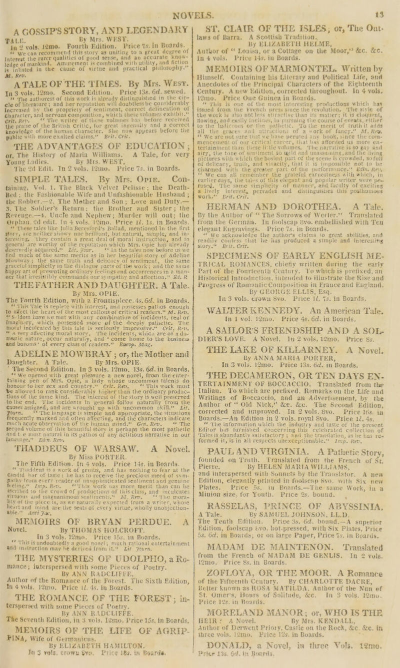 TALE. By Mrs. WEST. In 2 vals. 190% . Fourth Edition. Price ts. in Boards. i we can recommend this story as uniting to a great degree of Interest the rarer qualities of good sense, and an accurate know- ledge of mankind. Amusement is combined with utility, and fiction is inlisted in the cause of virtue and practical philosophy. M, Rev. A TALE OF THE TIMES. By Mrs. West. In 3 vols. 12mo. Second Edition. Price 13s. 6d. sewed. # ‘The authoress of this work is already distinguished in the cir- cle of Jiterature ; and her reputation will doubtless be considerably increased by the propriety of sentiment, correct delineation of character, and nervous composition, which these volumes exhibit.” Crit, Rev. “The writer of these volumes has before received the praise of the British Critic, for great ingenuity and a correct knowledge of the human character. She now appears before the public with more exalted claims. Brit. Crit. THE ADVANTAGES OF EDUCATION ; or, The History of Maria Williams. A Tale, for very Young Ladies. By Mrs. WEST, The 2d Edit. In 2 vols. 12mo. Price 7s. in Boards. SIMPLE TALES. By Mrs, Opie. Con- taining, Vol. 1. The Black Velvet Pelisse; the Death- Bed ; the Fashionable Wife and Unfashionable Husband ; the Robber.—2. The Mether and Son; Love and Duty.— 8. The Soldier’s Return; the Brother and Sister; the Revenge.—4. Uncle and Nephew; Murder will out; the Orphan. 2d edit. In 4 vols. 120. Price 14. 1s. in Boards. “ These tales like Julia Beresford's Ballad, mentioned in the first story, are neither showy nor brilliant, but natural, simple, and in- teresting. ‘they contain a great deal of moral instruction, and in eneral are worthy of the reputation which Mrs. Opie has already eservedly acquired.” Lit. Your. ** In the tales now before us we find much of the same merits as in her beautiful story of Adeline Mowbray; the same truth and delicacy of sentiment, the same epecetut cooly in the dialogue parts of the work; and the same appy art of presenting ordinary feelings and occurrences in a man- ner that irresistibly commands our sympathy and affection.” £4. R THEFATHER AND DAUGHTER. A Tale. By Mrs. OPIE. The Fourth Edition, with a Frontispiece. 4s. 6d. in Boards. ** This ‘Tale is replete with interest, and possesses pathos enough to affect the heart of the most callous of critical readers.” M. Rev. **S-ldom have we met with any combination of incidents, real or imaginary, which possessed more of the deeply patietic. The Moral inculcated by this tale is seriously impressive.” Crit, Rew. * a very aitecting moral story, ‘he incidents, whic are of ado- mestic nature, occur naturaliy, and ‘come home to the business and bosoms’ of every class of readers.” Europ. Mag. ADELINE MOWBRAY ; or, the Mother and Danghter. A Tale. By Mrs. OPIE. The Second Edition. In 3 vols. 12mo, 13s. 6d. in Boards. ““We opened with great pleasure a new novel, from the enter- taining pen of Mrs. Opie, a lady whose uncommen talents do honour to her sex and country.” Crit. Rev. “°This work must be allowed to rank considerably higher than the ordinary produc- tions of the same kind. ‘The interest of the story is well preserved tothe end. ‘The incidents in general fol!ow naturally from the Causes assiyned, and are wrought up with uncommon skill’ Zit. ‘ourn. “« The language is simple and appropriate, the situations requently marked and often affecting, and the characters indicate much acute observation of the human mind.” Gen, Rev. “¢ The Second volume of this beautiful story is perbaps the most pathetic and t.e most natural in its pathos of any fictitious narrative in our language.” Edin. Rev. THADDEUS OF WARSAW. A Novel. By Miss PORTER. The Fifth Edition. In 4 vols. Price 14s. in Boards. ** Thaddeus 1s a work of genius, and has nothing to fear at the Candid ar of taste: he has to receive the precious meed of sym- athy from every reader of unsophisticated sentiment and genuine eéling.” Limp. Rev. ‘This work a3 more merit than can be ascribed to the crowd of productions of this class, and inculcates Virtuous and magnanimous sentiments. MI. Rev. 6 The mora- lity of the piece Is, as we naturaily expected from a writer, whose €avtand mind are the seats of every virtue, wholly unobjection- able.” Anti Fac, MEMOIRS OF BRYAN PERDUE. A Novel. By THOMAS HOLCROFT. __ In3 vols. 12mo. Price 15s. in Boards. ‘This is undoubtedly a good novel; much rational entertainment and instruction may he derived from it.” Lit Journ, THE MYSTERIES OF UDOLPHO, a Ro- mance; interspersed with some Pieces of Poetry. By ANN RADCLIFFE, Author of the Romance of the Forest. The Sixth Edition, tn 4 vols. 12mo, Price tJ. 4s. in Boards. THE ROMANCE OF THE FOREST; in- terspersed with some Pieces of Poetry. ( By ANN RADCLIFFE. The Seventh Edition, in 3 vols. lgmo. Price 15s, in Boards, MEMOIRS OF THE LIFE OF AGRIP- FINA, Wife of Germanicus. By ELIZABETH HAMILTON. I) 2 vols. crown $ye. Price 1s. in Boards. 13 laws of Barra. A Scottish Tradition. By ELIZABETH HELME, Author of “ Louisa, or a Cottage on the Moor,” &amp;c. &amp;c. In 4 vols. Price 14s. in Boards. MEMOIRS OF MARMONTEL. Written by Himself. Containing his Literary and Political Life, and Anecdotes of the Principal Characters of the Eighteenth Century. A new Edition, corrected throughout. In 4 vols. 12mo. Price One Guinea in Boards. “ This is one of the most interesting productions which has issued from the French press since the revolution. ‘The style of the work is also not less ativactive than its matter; it is eloquent, towing, aod easily inclines, in pursuing the course of events, either to the ludicrous or the pathetic. Tothe merit of truth it adds all the graces and attractions of a vork of fancy.” MM. Rew. ‘© We are not sure that we have perused any book, since the com- mencement of our critical career, that has afforded us more en- tertainment than these little volumes, ‘The narrative is $0 gay and airy, the tone of sentiment so mild and unassuming, and the jiving pictures with which the busiest part of the scene is crowded, so full of delicacy, truib, and vivacity, that it is impossible not to be charmed With the greater part of the performunce, Edin. Rev. “© We can all remeinber the grateful earnestness with which, in earlier days, the tales of this np and popular writer were pe- rused. ‘The same simplicity of manner, and faculty of exciting a lively interest, pervades and distinguishes this posthumous work. Brit. Crit. HERMAN AND DOROTHEA. A Tale. By the Author of “ The Sorrows of Werter.’ Translated from the German. In foolscap 8vo. embellished with Ten elegant Engravings. Price 7s. in Boards. “We acknowledge the author’s claims to great abilities, and readily contess that he has produced a simple and interesiing Siory.” Brit, Crit. SPECIMENS OF EARLY ENGLISH ME- TRICAL ROMANCES, chiefiy written during the early Part of the Fourteenth Century. Vo which is prefixed, an Historical Introduction, intended to illustrate the Rise and Pseogress of Romantic Composition in Franceand England. By GEORGE ELLIS, Esq. In 3 vols. crown 8vo. Price Jd. 7s. in Boards. WALTER KENNEDY. An American Tale. In 1 vol. 12mo. Price 4s. Gd. in Boards, A SAILOR’S FRIENDSHIP AND A SOL- DIER’S LOVE. A Novel. In 2 vols.12mo. Price 8s. THE LAKE OF KILLARNEY. A Novel, By ANNA MARIA PORTER, In 3 vols. 12mo. Price 13s. Gd. in Boards. THE DECAMERON, OR TEN DAYS EN. TERTAINMENT OF BOCCACCIO, Translated from the Italian. To which are prefixed, Remarks on the Life and Writings of Boccaccio, and an Advertisement, by the Author of ‘ Old Nick,” &amp;e. &amp;c. The Second Edition, corrected and improved. In 2 vols. 8vo. Price l6s. in Boards.—An Edition in 2 vols. royal 8vo. Priee 12. 4s, The information which the industry and taste of the present Editor has furnished concerning this celebrated collection of ‘Tales is abundantly sausfactory ; and the translation, as he has re- formed it, is in all respects unexceptionable.”” Imp. Rev. PAULAND VIRGINIA. A Pathetic Story, founded on Truth. Translated from the French of St, Pierre, By HELEN MARIA WILLIAMS, and interspersed with Sunnets by the Translator. A new Edition, elegantly printed in foolscap Svo. with Six new Plates. Price 5s. in Boards.—The same Work, in a Minion size, for Youth. Price 2s. bound. RASSELAS, PRINCE OF ABYSSINIA, A Tale. By SAMUEL JOHNSON, LL.D. The Tenth Edition. Price 3s. 6d. bound.—A superior Edition, feolscap tivo. hot-pressed, with Six Plates, Price 5s. 6d. in Boards; or on large Paper, Price 7s. in Boards. MADAM DE MAINTENON. ‘Translated from the French of MADAM DE GENLIS. In 2 vols. 12mo. Price 8s. in Boards. ZOFLOYA, OR THE MOOR. A Romance of the Fifteenth Century. By CHARLOTTE DACRE, Better known as ROSA MATILDA, Author of the Nun ef St. Omer’s, Hours of Solitude, &amp;c. In 3 vols. 12mu. Price 12s. in Boards. MORELAND MANOR; or, WHO IS THE HEIR? A Novel. By Mrs. KENDALL, Anthor of Derwent Priory, Castle on the Rock, &amp;c. &amp;c. in ihree vols. 12mo. Price 12s. in Boards.  DONALD, a Novel, in three Vols. 12meo. Price 135. 6d. in Boards.