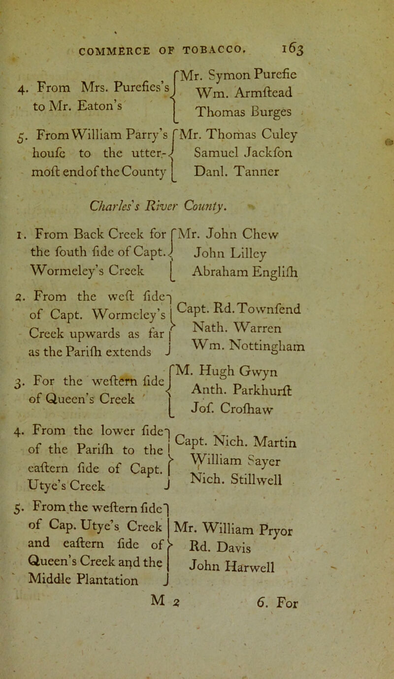 Mr. SymonPurefie 4. From Mrs. Purefies’s to Mr. Eaton’s Wra. Armftead Thomas Burges 5. From William Parry’s f Mr. Thomas Culey houfc to the utter- J Samuel Jackfon moil end of the County Dank Tanner Charles's River County. 1. From Back Creek for (Mr. John Chew the fouth fide of CaptJ John Lilley Wormeley’s Creek ^ Abraham Englifh 2. From the weft fide-] of Capt. Wormcle/s I CaPt' Rd.Townfcnd Creek upwards as far f Nath' Wam:n as the Parifh extends J Wm- Nottingham For the weftern fide of Queen's Creek M. Hugh Gwyn Anth. Parkhurft Jof. Crofhaw From the lower fide) ^ • of the Parifh to the i CaP‘-Nich.JVTartin eaftern fide of CaptJ ' ' ™.‘ a^er Utye’s Creek J Nlch' St,llwe11 From the weftern fide' of Cap. Utye’s Creek Mr. William Pryor and eaftern fide of)* Rd. Davis Queen’s Creek ai)d the John Harwell Middle Plantation