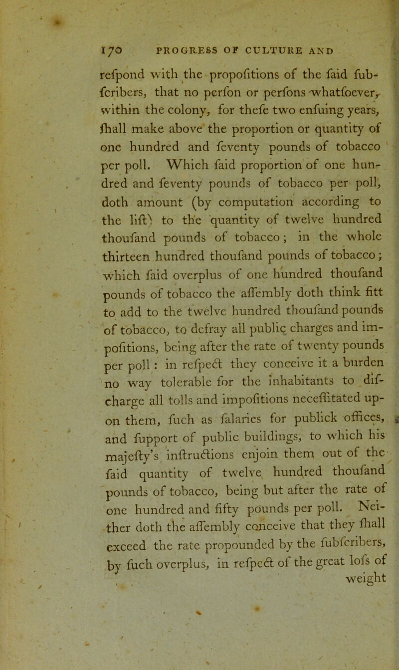 refpond with the propofitions of the faid fub- fcribers, that no perfon or perfons whatfoeverr within the colony, for thefe two enfuing years, ihall make above the proportion or quantity of one hundred and feventy pounds of tobacco per poll. Which faid proportion of one hun- dred and feventy pounds of tobacco per poll, doth amount (by computation according to the lift) to the quantity of twelve hundred thoufand pounds of tobacco ; in the whole thirteen hundred thoufand pounds of tobacco; which faid overplus of one hundred thoufand pounds of tobacco the aftembly doth think fitt to add to the twelve hundred thoufand pounds of tobacco, to defray all public charges and im- pofitions, being after the rate of twenty pounds per poll : in refpeft they conceive it a burden no way tolerable for the inhabitants to dis- charge all tolls and impofitions neceflitated up- on them, fuch as falaries for publick offices, and fupport of public buildings, to which his majefty’s inftruftions enjoin them out of the faid quantity of twelve hundred thoufand pounds of tobacco, being but after the rate of one hundred and fifty pounds per poll. Nei- ther doth the aftembly conceive that they fhall exceed the rate propounded by the fubferibers, by fuch overplus, in refpeft of the great lois of weight /