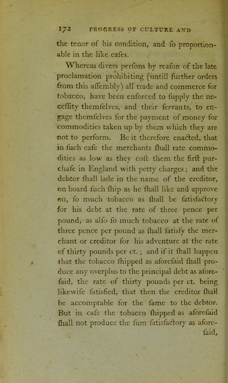 the tenor of his condition, and fo proportion- able in the like cafes. Whereas divers perfons by reafon of the late proclamation prohibiting (untill further orders from this affembly) all trade and commerce for tobacco, have been enforced to fupply the ne- ccflity thcmfelvcs, and their fervants, to en- gage themfelves for the payment of money for commodities taken up by them which they are not to perform. Be it therefore enabled, that in fuch cafe the merchants fhall rate commo- dities as low as they coll them the firll pur- chafe in England with petty charges; and the debtor fhall lade in the name of the creditor, on board fuch fhip as he fhall like and approve on, fo much tobacco as fhall be fatisfadtory for his debt at the rate of three pence per pound, as alio fo much tobacco at the rate of three pence per pound as fhall fatisfy the mer- chant or creditor for his adventure at the rate of thirty pounds per ct.; and if it fhall happen that the tobacco fhipped as aforefaid fhall pro- duce any overplus to the principal debt as afore- faid, the rate of thirty pounds per ct. being likewife fatisfied, that then the creditor fhall be accomptablc for the fame to the debtor. Bert in cafe the tobacco fhipped as aforefaid fhall not produce the fum fatisfadlory as afore- faid.