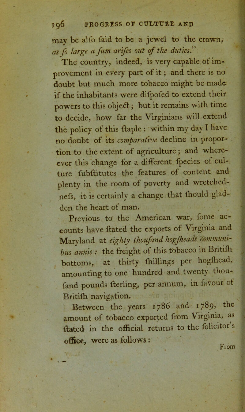 may be alfo faid to be a jewel to the crown, as fo large a fum arifes out of the duties. The country, indeed, is very capable of im- provement in every part of it; and there is no doubt but much more tobacco might be made if the inhabitants were difpofed to extend their powers to this object; but it remains with time to decide, how far the Virginians will extend the policy of this ftaple : within my day I have no dotibt of its comparative decline in propor- tion to the extent of agriculture; and where- ever this change for a different fpecies of cul- ture fubftitutes the features of content and plenty in the room of poverty and wretched- nefs, it is certainly a change that lliould glad- den the heart of man. Previous to the American war, fome ac- counts have flated the exports of Virginia and Maryland at eighty thoufand liogjheads communi- hns annis : the freight of this tobacco in Britifh bottoms, at thirty fhillings per hogfhead, amounting to one hundred and twenty thou- fand pounds fterling, per annum, in favour of Britilh navigation. Between the years 1786 and 1789, the amount of tobacco exported from Virginia, as Hated in the official returns to the Solicitor s office, were as follows :