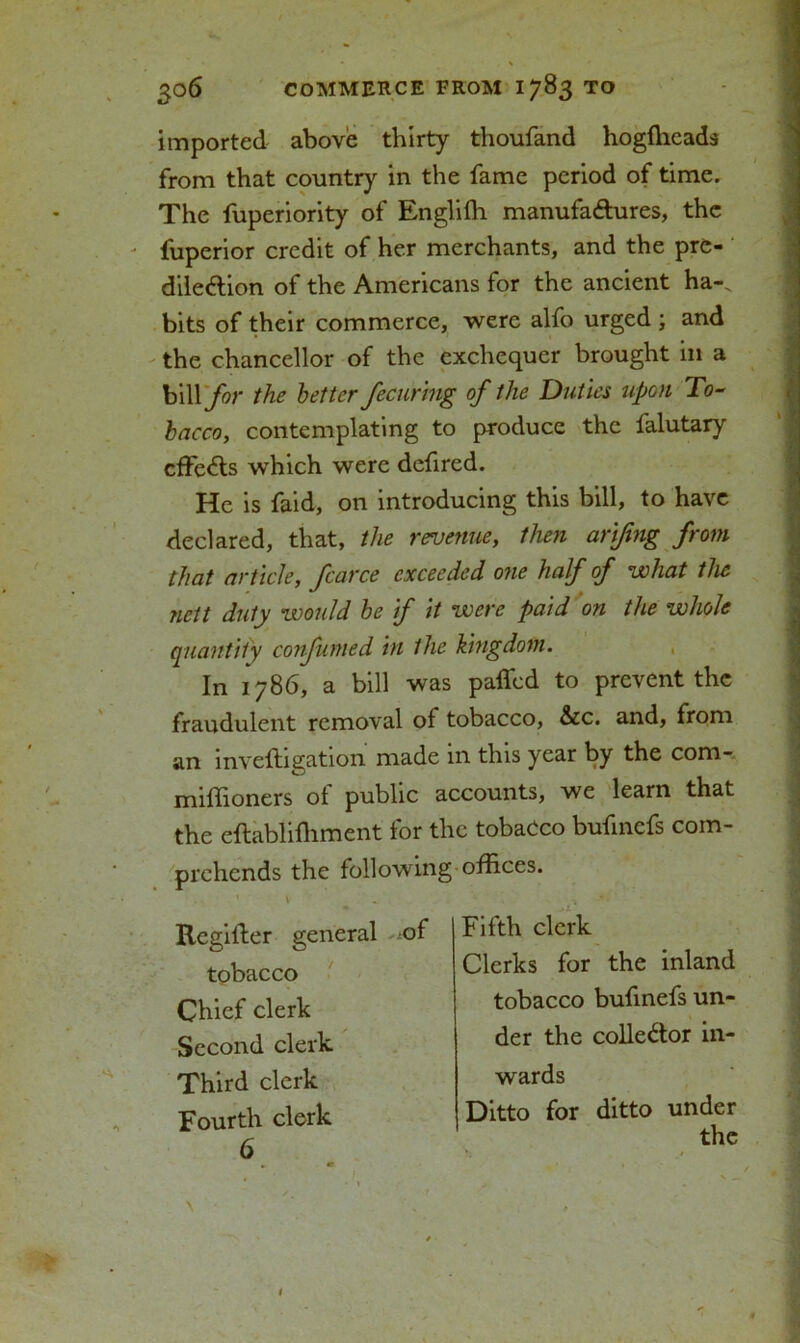 imported above thirty thoufand hogfheads from that country in the fame period of time. The fuperiority of Englifh manufactures, the fuperior credit of her merchants, and the pre- dilection of the Americans for the ancient ha-, bits of their commerce, were alfo urged ; and the chancellor of the exchequer brought in a bill for the better fecuring of the Duties upon To- bacco, contemplating to produce the lalutary cffeCts which were defired. He is faid, on introducing this bill, to have declared, that, the revenue, then arifing from that article, farce exceeded one half of what the nett duty would be if it were paid on the whole quantity confumed in the kingdofn. In 1786, a bill was paffed to prevent the fraudulent removal of tobacco, &c. and, from an inveltigation made in this year by the com- miffioners ot public accounts, we learn that the eftablifhment for the tobacco bufinefs com- prehends the following offices. Rcgilfer general of Fifth clerk tobacco Chief clerk Second clerk Third clerk Fourth clerk Clerks for the inland tobacco bufinefs un- der the collector in- wards Ditto for ditto under 6 the I