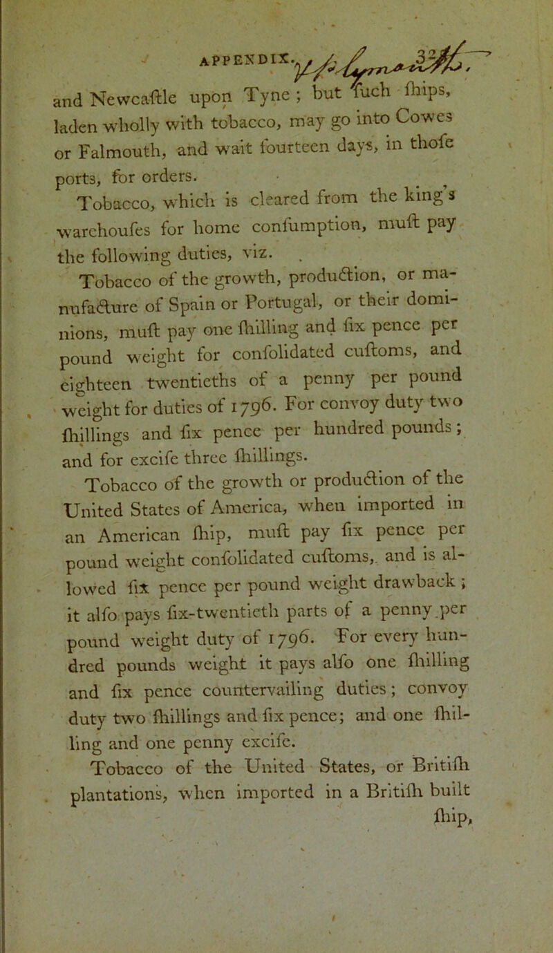 .32, and Newcastle upon Tyne ; but fuch ibips, laden wholly with tobacco, may go into Cowes or Falmouth, and wait fourteen days, m thofe port3, for orders. Tobacco, which is cleared from the king a warchoufes for home conlumption, muft pay the following duties, viz. Tobacco of the growth, produ&ion, or ma- nufacture of Spain or Portugal, or their domi- nions, muft pay one {hilling and fix pence per pound weight for confolidated cuftoms, and eighteen twentieths of a penny per pound weight for duties of 1796. For convoy duty two {hillings and fix pence per hundred pounds; and for excife three {hillings. Tobacco of the growth or production of the United States of America, when imported in an American fhip, muft pay fix pence pci pound weight confolidated cuftoms,. and is al- lowed fix pence per pound weight drawback ; it alfo pays fix-twentieth parts of a penny .per pound weight duty of 1796. For every hun- dred pounds weight it pays alfo one ftiilling and fix pence countervailing duties; convoy duty two {hillings and fix pence; and one {hil- ling and one penny excife. Tobacco of the United States, or Britifti plantations, when imported in a Britilh built fliip,