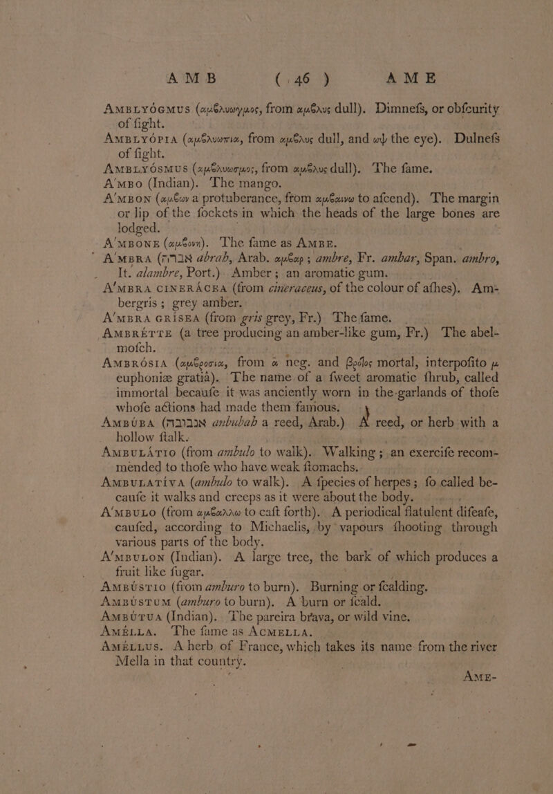 AMBLYOGMUS (auCrvwyyos, from aErvs dull). Dimnefs, or obfcurity of fight. | AMBLYOPIA (opSavwria, from omrvs dull, and w) the eye). Dulnefs of fight. AMBLYOSMUS (apbAvwoians, from avbaue dull). The fame. A’mgo (Indian). ‘The mango. A'MBON (au a protuberance, from auCaww to afcend). The margin or lip of the fockcts in which the heads of the large bones are lodged. A’MBONE (a60vn). The fame as AMBE. A’msRa (718 abrah, Arab, apéap ; ambre, Fr. ambar, Span. ambro, It. alambre, Port.) Amber ; an aromatic gum. A'mBRa CINERACEA (from cineraceus, of the colour of afhes). Am-= bergris ; grey amber. . A’MBRA GRISEA (from gris grey, Fr.) The fame. AMBRETTE (a tree Prsneing an amber-like gum, Fr.) The abel- mofch. AMBROSIA (apbgoria, from o neg. and eds mortal, interpofito » euphoniz gratia). The name of a fweet aromatic fhrub, called immortal becaufe it was anciently worn in the-garlands of thofe whofe actions had made them famous. } Ampusa (72023N anbubah a reed, Arab.) A reed, or herb with a hollow ftalk. bbc Amepu.Ario (from ambulo to walk). Walking ; an exercife recom- mended to thofe who have weak ftomachs.._. AmBULATIiVA (ambulo to walk). &lt;A fpecies of herpes; fo called be- caufe it walks and creeps as it were about the body. A’MBULO (trom azéerrw to caft forth). A periodical flatulent Abate; eaufed, according to Michaelis, by vapours fhooting through various parts of the body. A'mputon (Indian). A large tree, the bark of which produces a fruit like fugar. Amavsrio (fiom amburo to burn). Burning or fealding, Ampustum (amburo to burn). A burn or fcald. Amepurua (Indian). The pareira brava, or wild vine. AmeELLA. The fame as ACMELLA. Amexutus. Aherb of France, w hich takes its name from the river Mella in that country. AME-