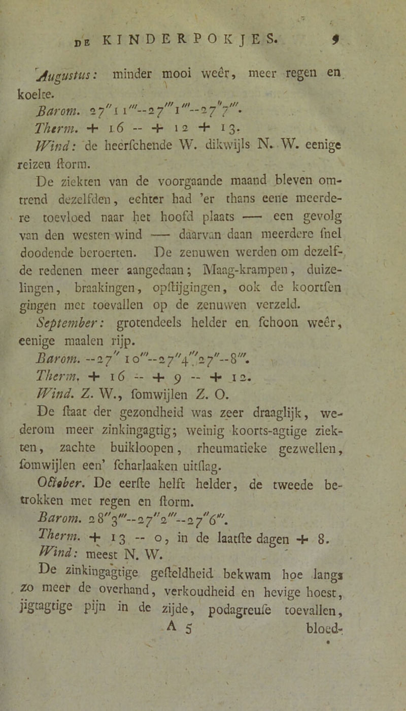 \ De KINDERPOKJES. sen Augustus: minder mooi weêr, meer regen en, koelte. Barom. 27 ita 7. Therm. + 16 — + 12 sk 13, Wind: de heerfchende W. dikwijls N.W. eenige reizen ftorm. ° , De ziekten van de voorgaande maand bleven om- trend dezelfden, echter had ’er thans eene meerde- ‚re toevloed naar het hoofd plaats — een gevolg van den westen-wind —- daarvan daan meerdere {nel doodende beroerten. De zenuwen werden om dezelf-, de redenen meer aangedaan; Maag-krampen, duize- lingen, braakingen, opflijgingen, ook de koortfen gingen mer toevallen op de zenuwen verzeld. September: grotendeels helder en fchoon weêr, eenige maalen rijp. Baròm.=s27.10=-274 07, Therm, + 16 =- + 9 -- +k 12. Wind. Z. W., fomwijlen Z. O. __De ftaat der gezondheid was zeer draaglijk, we- „derom meer zinkingagtig; weinig koorts-agtige ziek- ten, zachte buikloopen, rheumatieke gezwellen, fomwijlen een’ fcharlaaken uit(lag. Oâeber. De eerfte helft helder, de tweede be- trokken met regen en ftorm. Barom. 28°3'--272076. Therm. + 13 -- O, in de laatfte dagen + 8. Wind: meest N. W. RAK De zinkingagtige gefteldheid. bekwam hoe langs k ZONDER de overhand, verkoudheid en hevige hoest, Jsuguge pijn in de zijde, podagreufe toevallen, A 5 bloed-