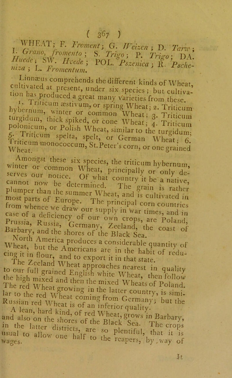 ( 3*7 ) WHEAT; F. Fromcnt- G. JVeizenD. 7fcri» j 1- fromen to ; S. 7>%o; p. 7'/vv0 . D \ ^ POu’p^nicaX'p^t iu„a , i v. Mr omentum. Linnaeus comprehends the different kinds of Wheat tion ba orod PTnt’ Und Six sp«iesi but culdva.’ ton has produced a great many varieties from these hvter rcu“nrvum>or spring wheati*•Triti<;'™ ny Derm uni, winter or common Wheat; q Triticum turgidum, thick spiked, or cone Wheat; 4. Triticum polotncum, or Polish Wheat, similar to he turgiduT Tri.T ,CUm spcl,a’ spd'’ or German Wheat 6 Whea.m m°nOCOCCUn,> St- Petcl 's corn, or one grained Amongst these six species, the triticum hvbermim winter or common Wheat, Vincip^nroXnTrd^ mosTparts^of d-r*«P Prussia r'ussTT °f °Ur T’ Cr°ps’ are po'-d ussia, Russia, Germany, Zeeland, the coast nf rbary, and the shores of the Black Sea. Wheat bu?fhrAPr0dL1CeS  considerable quantity of cinS?. in flour A^ncans are in ,he h“bh of redu- rfi. ” 1 , Llr’ and export it in that state Russian red ^ * and aiso^onThe shtfres oOhe^lack^Sea ‘ 1^^arp>arfT» usual1',o X*do™ChirT ff Plemiful’ tha‘ ^ wages. f to lhe reapers, by .way of It