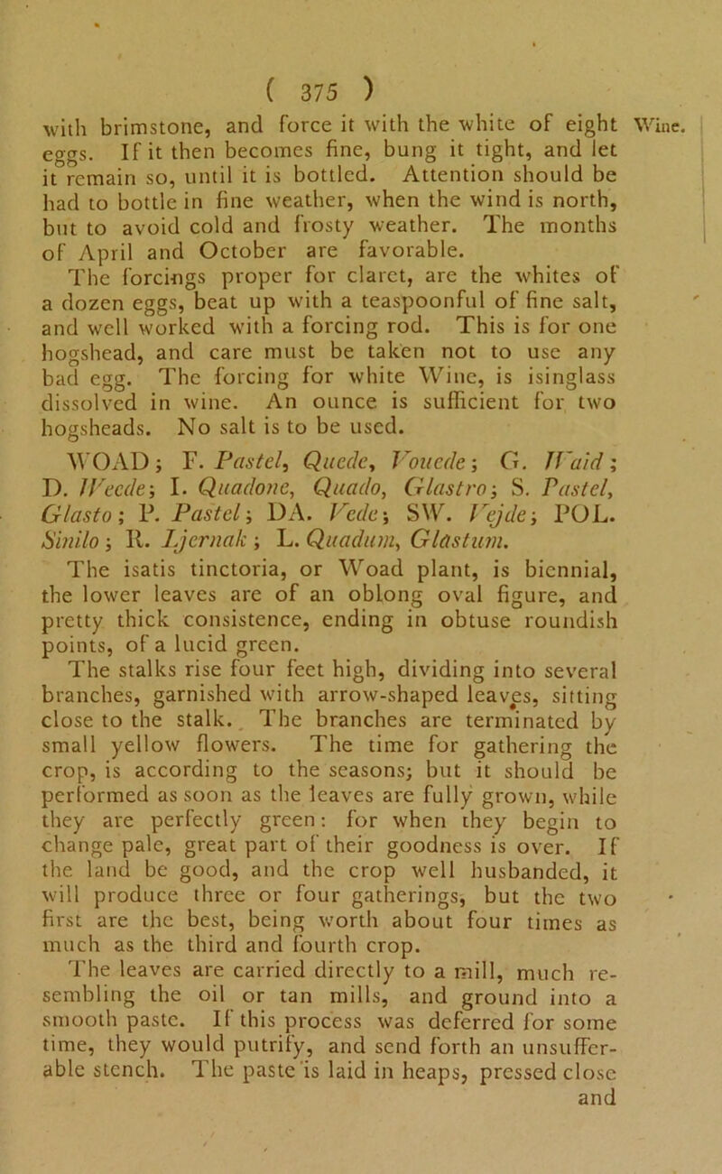 with brimstone, and force it with the white of eight Wine, eggs. If it then becomes fine, bung it tight, and let it remain so, until it is bottled. Attention should be had to bottle in fine weather, when the wind is north, but to avoid cold and frosty weather. The months of April and October are favorable. The forcings proper for claret, are the whites of a dozen eggs, beat up with a teaspoonful of fine salt, and well worked with a forcing rod. This is for one hogshead, and care must be taken not to use any bad egg. The forcing for white Wine, is isinglass dissolved in wine. An ounce is sufficient for two hogsheads. No salt is to be used. WOAD; F .Pastel, Quede, Vonede; G. IVaid; D. IVecde; I. Qua-done, Quado, Glastro; S. Pastel, Glasto; 1J. Pastel; DA. Vede ; SW. Vejde; POL. Sinilo ; II. Ljernak ; L. Quadum, G las turn. The isatis tinctoria, or Woad plant, is biennial, the lower leaves are of an oblong oval figure, and pretty thick consistence, ending in obtuse roundish points, of a lucid green. The stalks rise four feet high, dividing into several branches, garnished with arrow-shaped leaves, sitting close to the stalk. The branches are terminated by small yellow flowers. The time for gathering the crop, is according to the seasons; but it should be performed as soon as the leaves are fully grown, while they are perfectly green: for when they begin to change pale, great part of their goodness is over. If the land be good, and the crop well husbanded, it will produce three or four gatherings, but the two first are the best, being worth about four times as much as the third and fourth crop. The leaves are carried directly to a mill, much re- sembling the oil or tan mills, and ground into a smooth paste. If this process was deferred for some time, they would putrify, and send forth an unsuffer- able stench. The paste is laid in heaps, pressed close and