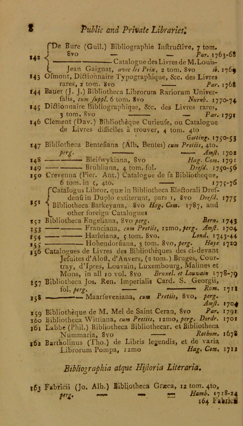 142 1 I' fDe Bure (Guil.) Bibliographic Inftruttlve, 7 tom. 8vo — — Par. 1763-68 —Catalogue des Livres de M. Louis- Jean Gaignat, avec les Prix, 2 tom. 8vo ib. 176$ M3 Ofmont, Diftiohnaire Typographique, &c. des Livres rares, 2 tom. 8vo Par. 1768 144 Bauer (J. J.) Bibliotheca Librorura Rariorum Univer- falis, ci/m fuppl.fi tom. 8vo Numb. 1770-74 145 Diflionnaire Bibliographique, &c. des Livres rares, 3 tom. 8vo — Par. 1791 146 Clement (l)av.) Bibliotheque Curieufe, ou Catalogue de Livres difficiles a trouver, 4 tom. 4to Got ting. 1750-53 147 Bibliotheca Bentefiana (Alb, Beutes) cum Pretiis, 4to. perg. — ■ Amft, 1702 - —- Bleifwykiana, 8vo Nag. Com. 1791 Bruhliana, 4 tom. fob Drefd. 1750-56 148 *49 150 Crevenna (Pier. Ant.) Catalogue de fa Bibliotheque, 6 tom.in 5, 4to. 1779-76 fCatalogus Libror. quae in Bibliotheca Eledtorali Dref- j denli in Duplo extiterunt, pars 1, Svo Drefd. 1775 t Bibliotheca Barkeyana, 8vo Hag. Com. 1787, and other foreign Catalogues Bibliotheca Engeliana, 8 vo perg, Bern. 1743 Franciana, cum Pretiis, izmo,perg. Amjl. 1704 Harleiana, 5 tom. 8vo. Lond. 1743-44 Hohendorfiana, 3 tom. 8vo, perg. Haye 1720 M* 152 M3 *54 155 . J56 Catalogues de Livres des Bibliotheques des ci-devant Jefuites d’Aloft, d’Anvers, (2 tom.) Bruges, Cour- tray, d’lpres, Louvain, Luxembourg, Malines et Mons, in all jo vol. 8vo Bruxel. et Louvain 1778-79 157 Bibliotheca Jos. Ren. Imperialis Card. S. Georgii, fob perg. — -  Rom. jrg — ' Maarfeveniana, cum Pretiis, 8vo, perg. Amjl. 159 Bibliotheque de M. Mel de Saint Ceran, 8vo Par, 160 Bibliotheca Wittiana, cum Pretiis, 12mo, perg. Dordr. |6i Labbe(Phib) Bibliotheca Bibliothecar. et Bibliotheca Nummaria, 8vo Rot bom. 171I 1704 1791 1701 1678 *71* 162 Bartholinus (Tho.) de Libris legendis, et de varia Librorum Pompa, izmo Hag, Com, Bibliographia atque Hijloria Liter aria, 163 Fabricii (Jo. Alb.) Bibliotheca Grjeca, 12 tom. 4to, per?, JJamb. 1718-24 364. Fabric!