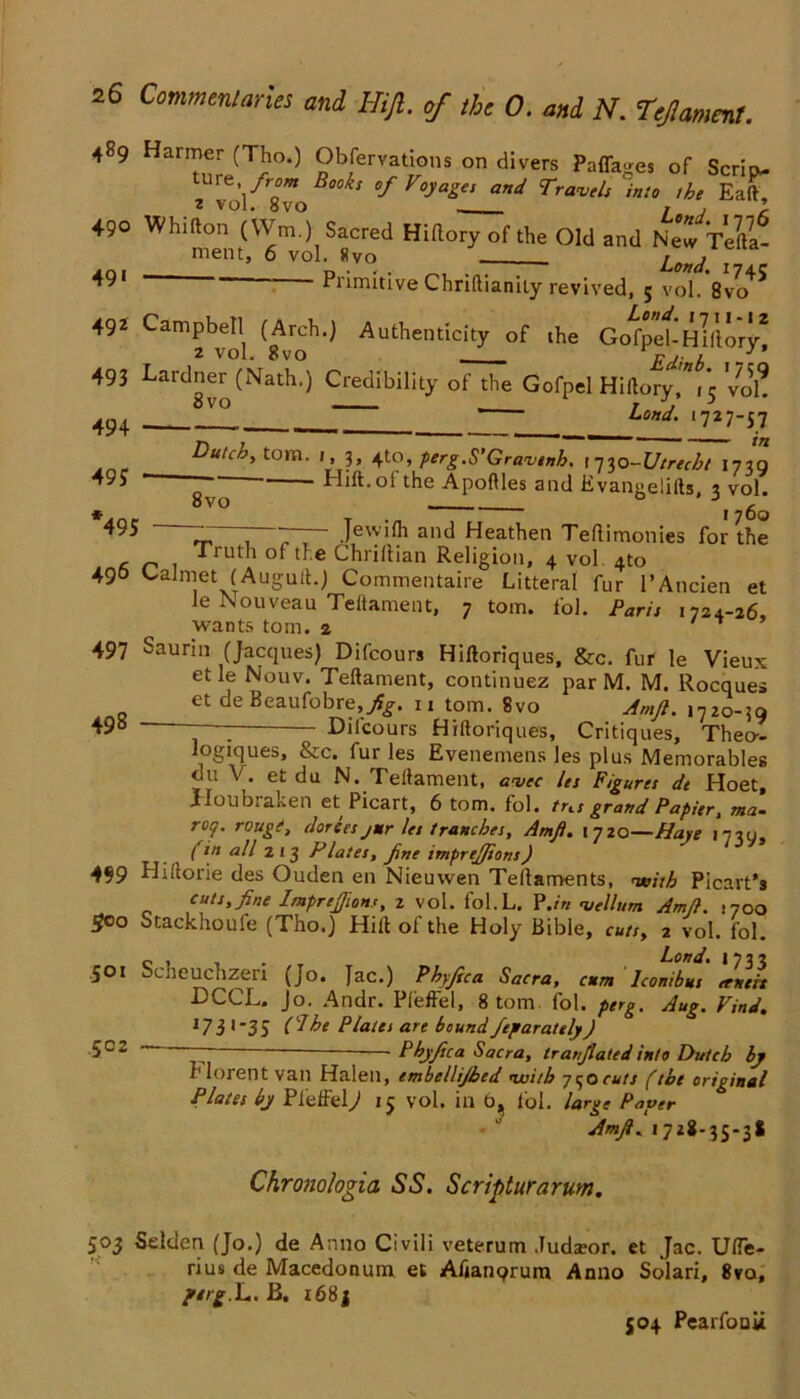 489 Harmer (Tho.) Observations on clivers Paffages of Scrip- Tvo\/rivoB°°kt °f V°yageS ^ TraVtli int° 'he Ea^ 490 Whlfton (Wm.) Sacred Hillory of the Old and NewVeftl- ment, 6 vol. «vo . ^onj z 491 “ Primitive Chriftianity revived, 5 vol. 8vo^ 492 Campbell (Arch.) Authenticity of the Go^petHiftorlr! 493 Lardner (Nath.) Credibility of the Gofpel Hillory ,”7c Vol? 494 , ~ Lond- ‘72 7-57 Dutch, tom. 1^, 3^ 4tO, perg.S’Gravinh. 1730-Utrecht 1739 ~ 1 lift-° 1 the Apoftles and Evangelills, 3 vol. 495 ~ ~ ~ Jewifli and Heathen Teflimonies for the Truth of the Chrillian Religion, 4 vol. 4to 496 Calmet (Auguit.) Commentaire Litteral fur l’Ancien et le Nouveau Teilament, 7 tom. fob Paris 1724-26. wants tom. a 497 Saurin (Jacques) Difcours Hiftoriques, &c. fur le Vieux etle Nouv. Teilament, continuez par M. M. Rocques et de Beaufobre,^. u tom. 8vo Amft. 1720-39 Dilcours Hiftoriques, Critiques, Thecr- > till. I L, _ I 1 ■ . ■ 49? 498 1 ‘ t I UC.J y X lie \jr~ logiques, &c. fur les Evenemens les plus Memorables du V. et du N. Teilament, avec les Figures dt Hoet, lloubraken et Picart, 6 tom. fol. tns grand Papier, ma- rof. rouge1, (lories jur les tranches, Amft. 1720—Haye 173c, (in all 213 Plates, fine imprefjions) 499 Hillorie des Ouden en Nieuvven Tellaments, with Picavt’s cuts, fine Imprefjions, 2 vol. fol.L. P.in vellum Amft. 1700 S°° Stackhoule (Tho.) Hill of the Holy Bible, cuts, 2 vol. fol. .501 Scneuchzert (Jo. Jac.) Phyfica Sacra, cum Iconibus tenth DCCL. Jo. Andr. Pleffel, 8 tom fol. perg. Aug. Find. 17 3 * “35 (I he Plates are bound Separately) 5C: ~ Phyfica Sacra, tranflatedinto Dutch by r lorent van Halen, embelljbed ivitb 730cuts (the original Plates by Pleffel J 15 vol. in 0, fol. large Payer Amft. 1728-35-3* Chronologia SS. Scripturarum. 5°3 SHden (Jo.) de Anno Civili veterum Judzeor. et Jac. UlTe- rius de Macedonum et Afianqrum Anno Solari, 8vo, /erg.L. B. x68 j 504 Pearfouit