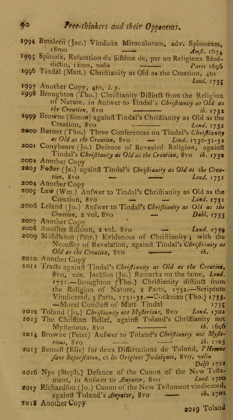 *99+ 1995 1996 *997 1998 1999 2000 2001 COO I 2003 2004 2005 2006 2007 200S 2009 2oro 2011 2012 2013 20 [4 201 J 2016 2017 2018 free-thinkers and their Opponents. Batalerii (Jac.) Viiidicice Miraculorum, adv. Spinozam, i8mo - Amjl. 1674 Spinofa, Refutation du Silteme de, par un Religieux Bene- didtin, 121TIO, velin -— Paris 1696 Tindal (Matt.) Chriltianity as Old as the Creation, 4to , , Land. 173; Another Copy, 4to, l.p. Broughton (Tho.) Chriltianity Diftindt from the Religion of Nature, in Anlwer to Tindal’s Chrijlianity as Old as the Creation, 8vo ib. 1732 Browne (Simon) againftTindal’s Chriltianity as Old as the Creation, 8vo bond. 1732 Burnet (Tho.) Three Conferences on Tindal’s Chrijlianity os Old as the Creation, 8vo — bond. 1730-31-32 Conybeare (Jo.) Defence of Revealed Religion, againft Tindal’s Chrijlianhy as Old as the Creatim, 8vo ib. 173* Another Copy holier (Ja.) againft Tindal’s Chrijlianity as Old as the C>ea- tion, 8 vo — —— Land. 1731 Another Copy Law (Wm.) Anfwer to Tindal’s Chriltianity as Old as the Creation, 8vo — — Land. 1731 Leland (Jo.) Anfwer to Tindal’s Chrijlianity as Old as the Creation, 2 vol. 8vo — Dubl, 1733 Another Copy Another Edition, 2 vol. 8vo — Land. 1739 Middleton (Pair.) Evidences of Chriltianity; with the Necelfity Revelation, againft Tindal’s Chrijlianity as Old as the Creation, 8 VO ib. Another Copy I racts againft Tindal’s Chrijlianity as Old as the Creation, 8vo, viz. lackfon (Jo.) Remarks on the fame. Loud. 1731.—Broughton (Tho.) Chriltianity diltindt from the Religion of Nature, 2 Parts, 1732.—Scriptute Vindicated, 3 Parts, 1731-32.—Cockman (Tho.) 1733* —Moral Condudl of Matt. Tindal 1735 Tolaild(|o.) Chrijlianity not Myjlerious, 8vo bond. 1702 The Chriftian Belief, againft Toland’s Chriltianity not Mylterious, 8vo ib. 1696 Browne (Peter) Anfwer to Toland’s Chrijlianity not Myjlt- rioust 8vo * ib. t7°3 Benoilt (Elie) fur deux Differtatrons de Toland, l’Homme fans Sujerjlition, et les Or'tgines 'judaiques, 8vo, velin Delft 1712 Nye (Steph.) Defence of the Canon of the New Tefta- ment, in Anlwer to Amyntor, 8vo Lend. 1*00 Richardfon (Jo.) Canon of the New Teftament vindicated, againft Toland’s Amynlor, 8vo ——• ib. t-oi An0llierC0f,)r J019 Toland