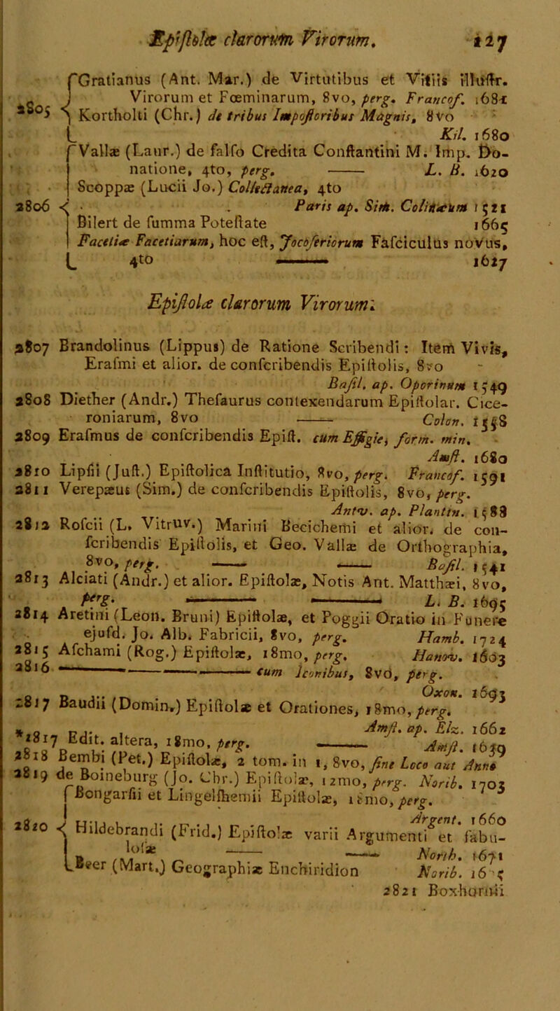 £pr/l&!ec ckrorufn Virorum. iij fGratianus (Ant. Mar.) de Virtutibus et Vitiis illuftr. _ J Virorum et Foeminarum, 8vo, perg. Franco/. 168* * 1 Kortholti (Chr.) de tribus Impofioribus Magnis, 8 Vo Kil. 1680 Valla; (Laur.) de falfo Credita Conftantini M. Imp. Do- natione, 4to, perg. L. B. 1620 Scoppa: (Lucii Jo.) CoUtfianea, 4_to 3806 • . Paris ap. Sith. Coliitcum r;zi Bilert de fumma Poteftate 1665 Factlire Facetiarum, hoc eft, Jocoferiorun Fafciculus noVus, 4to »■■■■' ■ 1627 Epijlola clarorum Virorum1 2807 Brandolinus (Lippus) de Ratione Scribendi: Item Vivis, Erafmi et alior. de confcribendis Epiftolis, 8?o Ba/1. ap. Opcrinutn 1549 aSoS Diether (Andr.) Thefaurus conlexendarum Epiftolar. Cice- roniarum, 8vo ■—- Colon, tif8 3809 Erafmus de confcribendis Epift. cum Effigie, form, min. Amft. 1680 a8ro Lipfii (Juft.) Epiftolica Inftitutio, flvo, perg. Franca/. 1591 2811 Verepseus (Sim.) de confcribendis Epiftolis, 8vo, perg. Antv. ap. Plantin. j$83 28;a Rofcii (L. Vitruv.) Marini Becichemi et alior. de con- fcribendis Epillolis, et Geo. Vallae de Orthographia, 8vo, perg. Bo/l. 11541 28x3 Alciati (Andr.) et alior. Epiftolas, Notis Ant. Matthari, 8vo, pirg. - * L. B. 1695 2814 Aretmi (Leon. Bruni) Epittolse, et Poggii Oratio in Funere ejiifd. Jo, Alb. Fabricii, *vo, perg. Hamb. 1724 2815 Afchamx (Rog.) Epiftolae, i8mo,^. Hatvrv. 1603 asi6 — — cum Iconibus, 8vd, perg. -o D . Oxoh. i6dz J 7 Baudn (Domin.) Epiftol* et Orationes, perg. *<8.7 Edit, altera, tSmo. p.rg. ',f‘ ,8i8 Bembi (Pet.) EpiltoU, a tom. in 8vo,yf„ L.„ „„ Anm 3819 de Boineburg (jo. Chr.) Epiftola?, izmo, perg. Norib. 170 ( Bongaifii et Lingellheniii Epiftola;, 1 into, perg 7°3 Argent. 1660 d Hildebrandi (i*rid.) Epiftolae varii Argutnentfet fabu- U ,Ao1* ^ North. \6n\ LBeer (Mart.) Geographue Enchiridion Norib. 16 ? 2821 Boxhomii