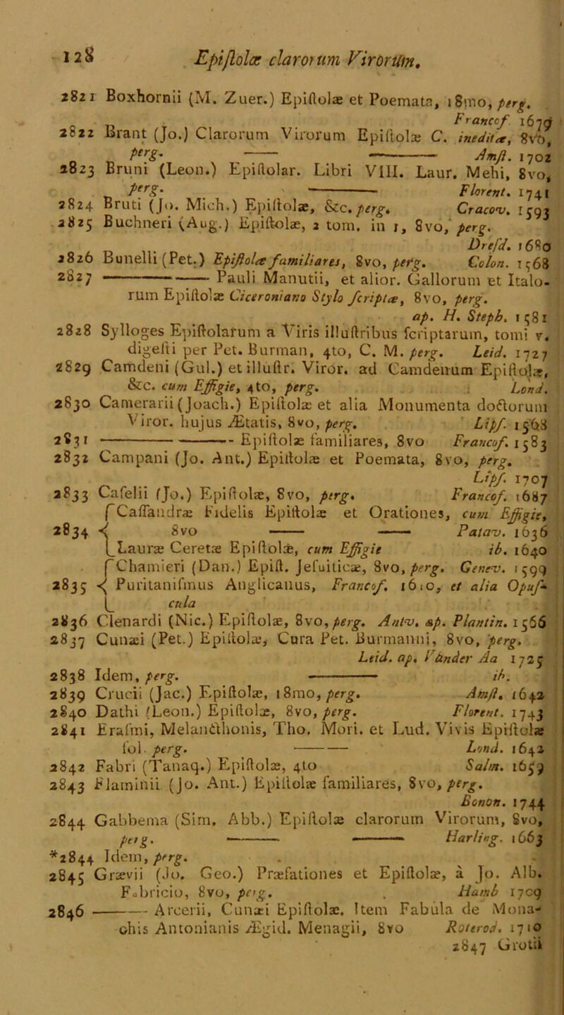 2821 Boxhornii {M. Zuer.) Epiftolae et Poemata, 18 trio, perg. Franco/ 167 9 2822 brant (Jo.) Clarorum Virorum Epiftolae C. inedit*, gvt>, PerS’_ „ ***•■■ Amfl. iyoi 2823 Bruni (Leon.) Epiftolar. Libri VIII. Laur. Mehi, 8vo, PerK‘ _ Florent, 1741 j^ruti (J0, Mich.) Epiftolae, &c.perg. Cracow. 1593 1825 Buchneri (Aug.) Epiftolae, 3 tom. in 1, 8vo, perg. ... Dr e/d. 1680 3826 Bunelli (Pet.) Fpiftol* familiares, 8vo, pefg. Colon, x q68 2827 ■ Pauli Manutii, et alior. Gallorum et Italo- rum Epiftolae Ciceroni ana Stylo fcriplce, 8vo, perg. ap. FI. Steph. 1 581 2828 Sylloges Epiftolafum a Viris illuftribus fcriptarum, tom! v. digelti per Pet. Burman, 4to, C. M .perg. Leid. 1727 2829 Camdeni (Gul.) et illuftr. Viror. ad Camdenum Epiftoh?, &C. cum Effigie, 4 to, perg. ■ Land. 2830 Camerarii (Joach.) Epiftola: et alia Monumenta doftorum Viror. hujus Aitatis, 8vo, perg, Lipf. 15^8 2S31 -- Epiftolae familiares, 8vo Franco/. 1583 2832 Campani (Jo. Ant.) Epiftolae et Poemata, 8vo, perg. Ltpf. 1707 2833 Cafelii fjo.) Epiftola, Svo, ptrg. Franco/. 1687 rCaflandrae Fidelis Epiftolae et Orationes, cum Fffigie, 2834 < Svo ——— Palanj. 1036 l^Laura: Ceretae Epiftolte, cum Fffigie ib. 1640 fChamieri (Dan.) Epift. Jefuiticae, Svo .perg. Genev. 1399 2835 Puritanifonts Anglicanus, Franco/. 1610, et alia Opu■/ L r»/a 2836 Clenardi (Nic.) Epiftolae, 8vo,/*;•£■. Antv. &p. Plantin. 1366 2837 Cunati (Pet.) Epiftolae* Cura Pet. Burmanni, 8vo, perg. Leid. ap. Flender Aa 1725 2838 Idem, perg. ib. 2839 Crucii (Jac.) Epiftolae, i8mo, perg. Amfl. 1642 2840 Dathi (Leon.) Epiftolae, Svo, perg. Florent. 1743 2841 Erafmi, Melandhonis, Tho. Mori, et Lud. Vivis Epiftola fob perg. Lund. 164a 2842 Fabri (Tanaq.) Epiftola, 4I0 Salm. 16^9 2843 B lamina (Jo. Ant.) Epiftolae familiares, Svo, perg. Eonon. 1744 2844 Gabbema (Sim. Abb.) Epiftolae clarorum Virorum, Svo, petg. — —- Hurling. 1663 *2844 Idem, ptrg. 2845 Gnevii (Jo. Geo.) Praefationes et Epiftolae, a Jo. Alb. Fobricio, Svo, peg. . Hamb 1709 2846 Arcerii, Cunaei Epiftolae. Item Fabula de Mona- ohis Antonianis Aigid. Menagii, Svo Roterod. 1710 2847 Grotii