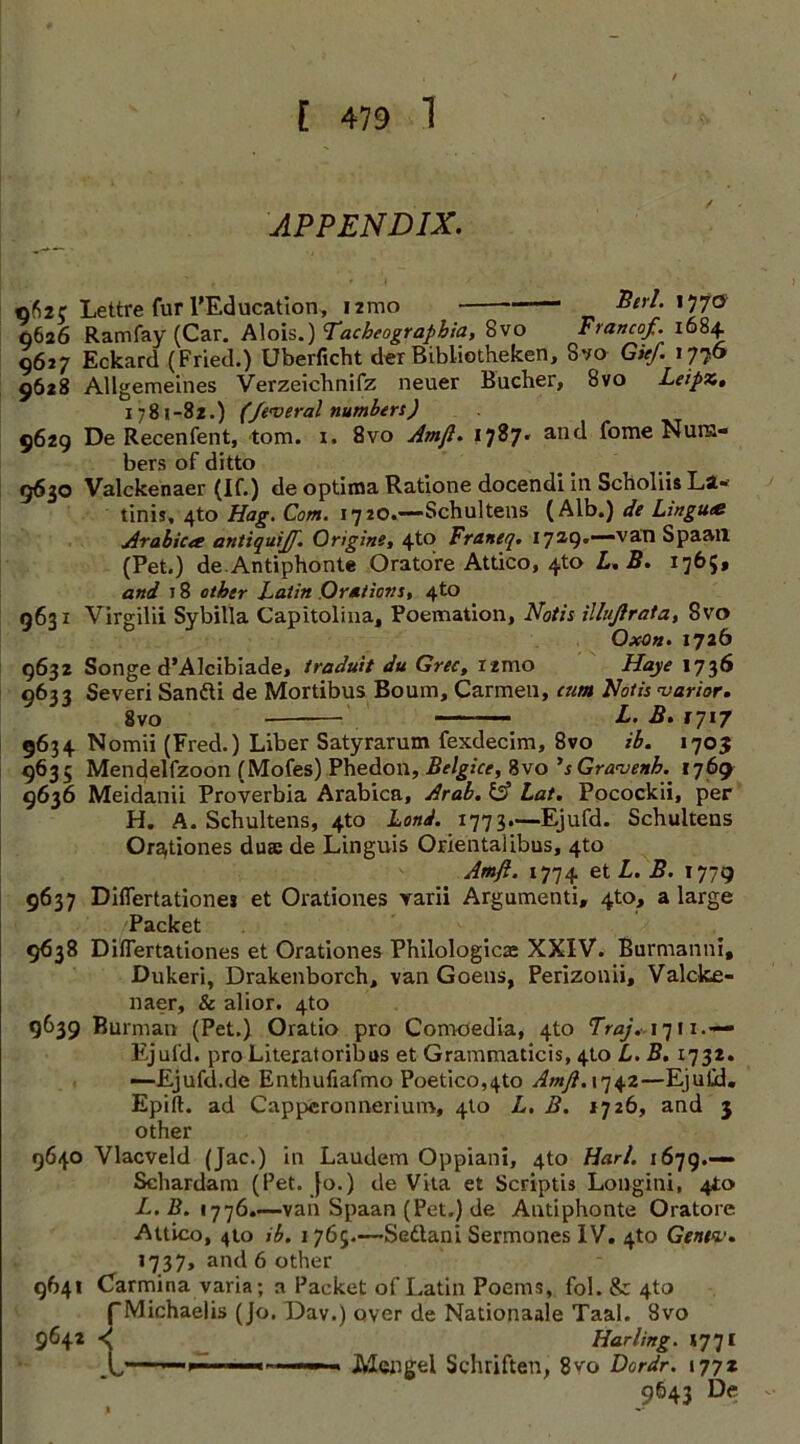 APPENDIX. 962 c Lettre fur PEducation, Berl. \yjo 0626 Ramfay (Car. Alois.) Tacheographia, 8vo Francof. 1684 9627 Eckard (Fried.) Uberficht der Bibliotheken, Svo Gkf. 1776 9628 Allgemeines Verzeichnifz neuer Bucher, Svo Leipx, 1781-82.) (federal numbers) 9629 De Recenfent, tom. 1. 8vo Amft. 1787. and fome Num- bers of ditto 9630 Valckenaer (If.) de optima Ratione docendi in Scholiis La- tinis, 4to Hag. Com. 1720.—Schultens (Alb.) de Ltngu<e Arabic<e antiquiff. Origine, 4to Franeq. 1729.—van Spaail (Pet.) de.Antiphonte Orato're Attico, 410 L.B. 1765, and 18 other Latin Orations, 4to 9631 Virgilii Sybilla Capitolina, Poemation, Notts illuftrata, Svo OxQn. 1726 9632 Songe d’Alcibiade, traduit du Grec, umo Haye 1736 9633 Severi Sandi de Mortibus Bourn, Carmen, cum Notis marior. Svo L. B. 1717 9634 Nomii (Fred.) Liber Satyrarum fexdecim, 8vo ib. 1703 9635 Mendelfzoon (Mofes) Phedon, Belgice, 8vo *sGravenb. 1769 9636 Meidanii Proverbia Arabica, Arab, & Lat. Pocockii, per H. A. Schultens, 4to Land. 1773.—Ejufd. Schultens Orationes du» de Linguis Orientalibus, 4to Amft. 1774 et L. B. 1779 9637 Diflertationes et Orationes varii Argumenti, 4to, a large Packet 9638 Diflertationes et Orationes Philologies XXIV. Burmanni, Dukeri, Drakenborch, van Goens, Perizonii, Valcke- naer, & alior. 4to 9639 Burman (Pet.) Oratio pro Comoedia, 4to Fra). 1711.— Ejufd. pro Literatoribus et Grammaticis, 410 L. B. 1732. —Ejufd.de Enthufiafmo Poetico,4to Amft. 1742—Ejutd. Epirt. ad Capperonnerium, 410 L. B. *726, and 3 other 9640 Vlacveld (Jac.) in Laudem Oppiani, 4to Harl. 1679.—— Schardam (Pet. Jo.) de Vita et Scriptis Longini, 4*0 L.B. 1776.—van Spaan (Pet.) de Antiphonte Oratore Attico, 4to ib. 1 765.—Sedani Sermones IV. 4to Gentv. 1737, and 6 other 9641 Carmina varia; a Packet of Latin Poems, fol. &: 4to (“Michaelis (Jo. Dav.) over de Nationaale Taal. Svo 9642 ^ Hurling. J771 Mengel Schriften, 8^0 Dordr. 177Z 9643 De • --