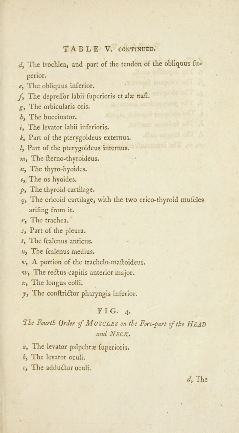 i d, The trochlea, and part of the tendon of the obliquus fu- perior. ey The obliquus inferior. fy The depreflor labii fuperioris et alse nafi. gy The orbicularis oris. hy The buccinator. iy The levator labii inferioris. hy Part of the pterygoideus externus. /, Part of the pterygoideus internus. in. The fterno-thyroideus. ?jy The thyro-hyoides. 0y{ The os hyoides. py The thyroid cartilage. qy The cricoid cartilage, with the two crico-thyroid mufcles arifing from it. r, The trachea. i Part of the pleura. ty The fcalenus anticus. Uy The fcalenus medius. v, A portion of the trachelo-maftoideus. •Wy The re£tus capitis anterior major. Xy The longus colli. j, The conftridtor pharyngis inferior. FIG. 4. 7 he Fourth Order of MUSCLES on the Fore-part of the He AD and Neck. ay The levator palpebrae fuperioris. by The levator oculi. c, The addudlor oculi.