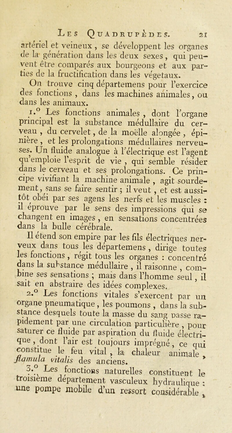 artériel et veineux , se développent les organes de la- génération dans les deux sexes , qui peu- vent être comparés aux bourgeons et aux par- ties de la fructification dans les végétaux. On trouve cinq départemens pour l’exercice des fonctions , dans les machines animales, ou dans les animaux. i.° Les fonctions animales , dont Forgane principal est la substance médullaire du cer- veau , du cervelet, de la moëlle alongée , épi- nière , et les prolongations médullaires nerveu- ses. Un fluide analogue à l'électrique est l’agent qu emploie l’esprit de vie , qui semble résider dans le cerveau et ses prolongations. Ce prin- cipe vivifiant la machine animale , agit sourde- ment, sans se faire sentir ; il veut , et est aussi- tôt obéi par ses agens les nerfs et les muscles : il éprouvé par le sens des impressions qui se changent en images , en sensations concentrées dans la bulle cérébrale. Il étend son empire par les fils électriques ner- veux dans tous les départemens, dirige toutes les fonctions , régit tous les organes : concentré dans la substance médullaire , il raisonne , com- bine ses sensations ; mais dans l’homme seul, il sait en abstraire des idées complexes. 2.0 Les fonctions vitales s’exercent par un organe pneumatique , les poumons , dans la sub- stance desquels toute la masse du sang nasse ra- pidement par une circulation particulière , pour saturer ce fluide par aspiration du fluide électri- que , dont l’air est toujours imprégné, ce qui constitue le feu vital > la chaleur animale flamula vitalis des anciens. * Les fonctions naturelles constituent le troisième departement vasculeux hydraulique : une pompe mobile d’un ressort considérable x