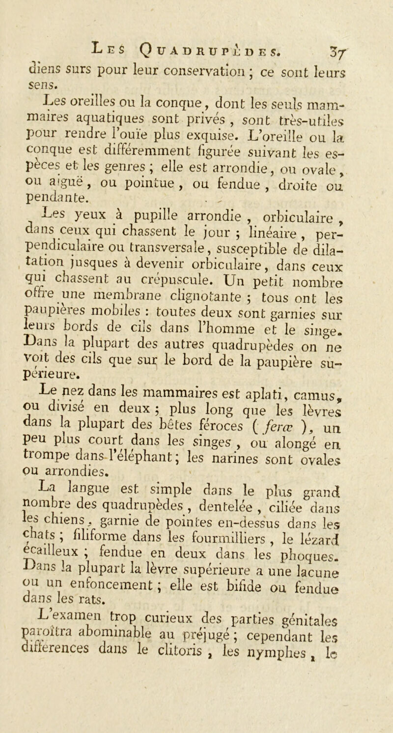 aiens surs pour leur conservation ; ce sont leurs sens. Les oreilles ou la conque, dont les seuls mam- maires aquatiques sont privés , sont très-utiles pour rendre l’ouïe plus exquise. L’oreille ou la conque est différemment figurée suivant les es- pèces et les genres; elle est arrondie, ou ovale, ou aiguë, ou pointue, ou fendue, droite ou pendante. . , Les yeux à pupille arrondie , orbiculaire „ dans ceux qui chassent le jour ; linéaire , per- pendiculaire ou transversale, susceptible de dila- tation jusques a devenir orbiculaire, dans ceux qui chassent au crépuscule. Un petit nombre offre une membrane clignotante ; tous ont les paupières mobiles : toutes deux sont garnies sur leurs bords de cils dans l’homme et le singe. Dans la plupart des autres quadrupèdes on ne voit des cils que sur le bord de la paupière su- périeure. Le nez dans les mammaires est aplati, camus, ou divisé en deux ; plus long que les lèvres dans la plupart des bêtes féroces ( ferœ ), un peu plus court dans les singes , ou alongé en trompe dans 1 éléphant ; les narines sont ovales ou arrondies. La langue est simple dans le plus grandi nombre des quadrupèdes , dentelée , ciliée dans les chiens . garnie de pointes en-dessus dans les , ats ; filiforme dans les fourmilliers , le lézard écailleux ; fendue en deux dans les phoques. Dans la plupart la lèvre supérieure a une lacune ou un enfoncement ; elle est bifide ou fendue dans les rats. L examen trop curieux des parties génitales paroîtra abominable au préjugé ; cependant les différences dans le clitoris , les nymphes , le