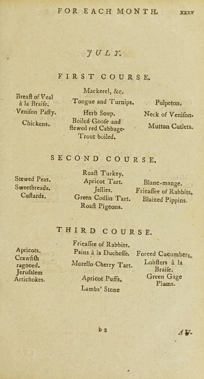 JU L T. FIRST COURSE. Breaft of Veal ^ la Braife, 'Venifon Pafty* Chickens. Mackerel, &c. ♦ - Tongue and Turnips. Pulpeton. Herb Soup. Neck of Vcnifon* Boiled Goofe and . _ ftewed red Cabbage* ’ Mutton Cutlets. Trout boiled. SECOND COURSE. Stewed Peas. Sweetbreads, Cuftards. Roaft Turkey, Apricot Tart. Blanc-mange, Jellies. Fricaflee of Rabbits. Green Codlin Tart. Blaized Pippins. Roaft Pigeons. Apricots. Crawfifti ragooed. Jerufalem Artichokes. third course. * Fricailee of Rabbits. Pains a la Duchefle. Forced Cucumbers. Alorello Cherry Tart. Lobfters a la * Braife; Apricot Puffs. Green Gage Plums. Eambs’ Stone