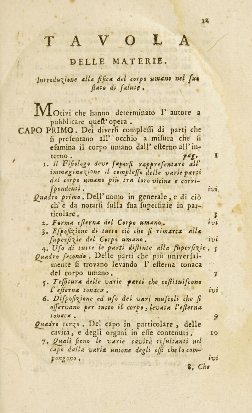 I. 1% TAVOLA DELLE MA.TERIE. Jntrodu\ì»ne alla fi fica del corpo umano nel fun fiato dt.falutf, ^ IVlotlvi che hanno determinato T autore a pubblicare quefl’opera . CAPO PRIMO. Dei diverfi complcflì di parti che lì prelentano all* occhio a mifura che Ci cfamina il corpo umano dall’eftcrno ali’in- terno . 1, il pifiologo deve faperfi rapprefentare all' immagina\ione il completo delle varie parti del corpo umano piu tra, loro vicine c corvi- fpendenti . iyi. Quadro /?viwo . Dell’uomo in generale, e di ciò eh’ c da notarli fulla fua fuperfìzis in par- ticolare, j 2, Forma efierna del Corpo umano, ivi 3, EfpoJl\ione di tutto ciò che fi rimarca alla fuperfi\ie del Corpo umano, ivi 4, Ufo di tutte le parti difiinte alla fHtperfi\ie , ^ Quadro fecondo , Delle parti che più univeriai- mente fi trovano levando 1’ efterna tonaca del corpo umano , 7 , Tefjitura delle varie farti che^ cofiituìfeono V efierna tonaca , ^ ivi 6, Difpofi\ione ed ufo dei varj mufcoll che fi offervano per tutto il corpo ^ levata Vefierna tonaca , Quadro ter'^^o , Del capo in particolare , delle cavità, e degli organi in ehe contenuti, 7, Qjiali fieno le varie cavita rìjultanti nel capo dalia varia unione degli ofiì che lo com- pongono , ivi Cho 9 IO