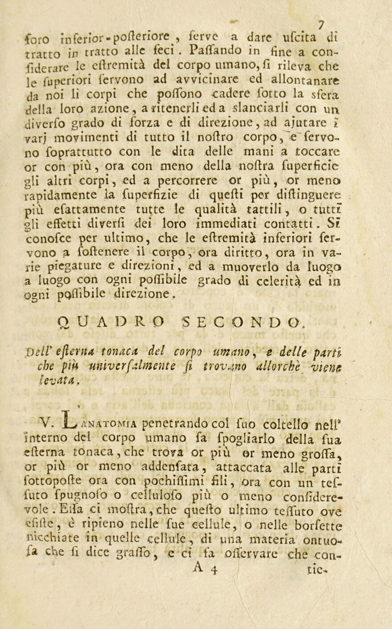 Coro infcrioi* • poflcrìorc ^ Cerve a. dare ufcita di tratto in tratto alle feci. Paffando in fine a con- fiderare le efiremità del corpo umano, fi rileva che le fuperiori fervono ad avvicinare ed allontanare da noi li corpi che pofTono cadere fotto la sfera della loro azione, a ritenerli ed a slanciarli con un diverfo grado di forza e di direzione, ad ajutare ì vari movimenti di tutto il noflro corpo,~efervo- no foprattutto con le dita delle mani a toccare or con più, ora con meno della nofira fuperficic gli altri corpi, ed a percorrere or più, or mena rapidamente la fuperfizie dì qucfti per diftinguere più efattamente tutte le qualità tattili, o tutti gli effetti diverfi dei loro immediati contatti. Si conofee per ultimo, che le eftremità inferiori fer- vono a folle nere il corpo, ora diritto, ora in va- rie piegature e direzioni, ed a muoverlo da luogo a luogo con ogni poflibile grado di celerità ed in ogni pQflìbile direzione. QUADRO SECONDO. peli eflerna tonaca del corpo umano, e delle parti che pih univerfdmente fi trovmo allorché vientt levata, V. L ANATOMIA penetrando col fuo coltello nelf interno del corpo umano fa fpogliarlo della fua cllerna tonaca,che trova or più or meno groffa^ or più or meno addenfata, attaccata alle partì fottopolle ora con pochilìimì fili, ora con un tef- futo fpugnofo o celluiofo più o meno confidcre- voIe.Eifa ci moflra,che quello ultimo teffuto ove vfille, e ripieno nelle fue cellule, o nelle borfette nicchiate in quelle cellule, di una materia ontuo- fa che 11 dice graffo, e ci fa oficrvarc che con- A 4 tic-
