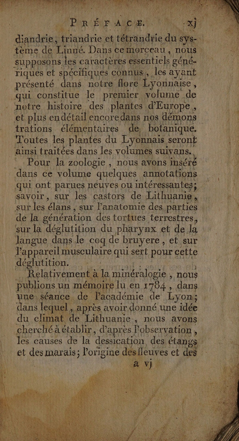 riques et spécifiques connus, les ayant présenté dans notre flore Lyonnaise, qui constitue le premier volume de notre histoire des plantes d'Europe k et plus en détail encore dans nos démons trations élémentaires de, botanique. Toutes les plantes du Lyonnais. seront ainsi traitées dans les volumes suivans. ‘ Pour la zoologie , nous ayons inséré dans ce volume quelques annotations qui ont parues neuves ou intéressantes; 8, savoir, sur les castors de Lithuanie, sur les élans , sur l'anatomie des parties de la génération des tortues terrestres, sur la déglutition du pharynx et dela Jangue dans Je coq de bruyere, et sur Pappareil musculaire qui sert pour cette déglutition. Relativement à à Ja minéralogie , nous publions un mémoire lu en 1784, dans yne) séance de Pacadémie de Lyon; dans lequel , après avoir donné une idée du climat de Lithuanie, nous avons cherché. établir, d’après Pobservation , et ie marais; l’origine dMbturés et de *