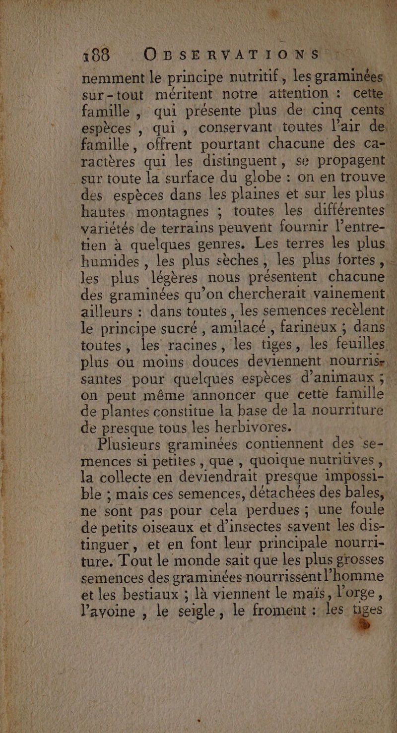 Los . …Hicat ET T NES T2 ER © \ Ne to humides , les plus sèches, les plus fortes, Fe 1e toutes, les racines, les tiges, les feuilles santes pour quelques espèces d'animaux ; on peut même annoncer que cette famille de plantes constitue la base de la nourriture de presque tous les herbivores. Plusieurs graminées contiennent des se- mences si petites , que , quoique nutritives , la collecte en deviendrait presque impossi- ble ; maïs ces semences, détachées des bales, ne sont pas pour cela perdues ; une foule de petits oiseaux et d'insectes savent les dis- tinguer , et en font leur principale nourri- semences des graminées nourrissent l’homme . . di , et les bestiaux ; là viennent le maïs, l'orge, Javoine , le seigle, le froment : les Fi
