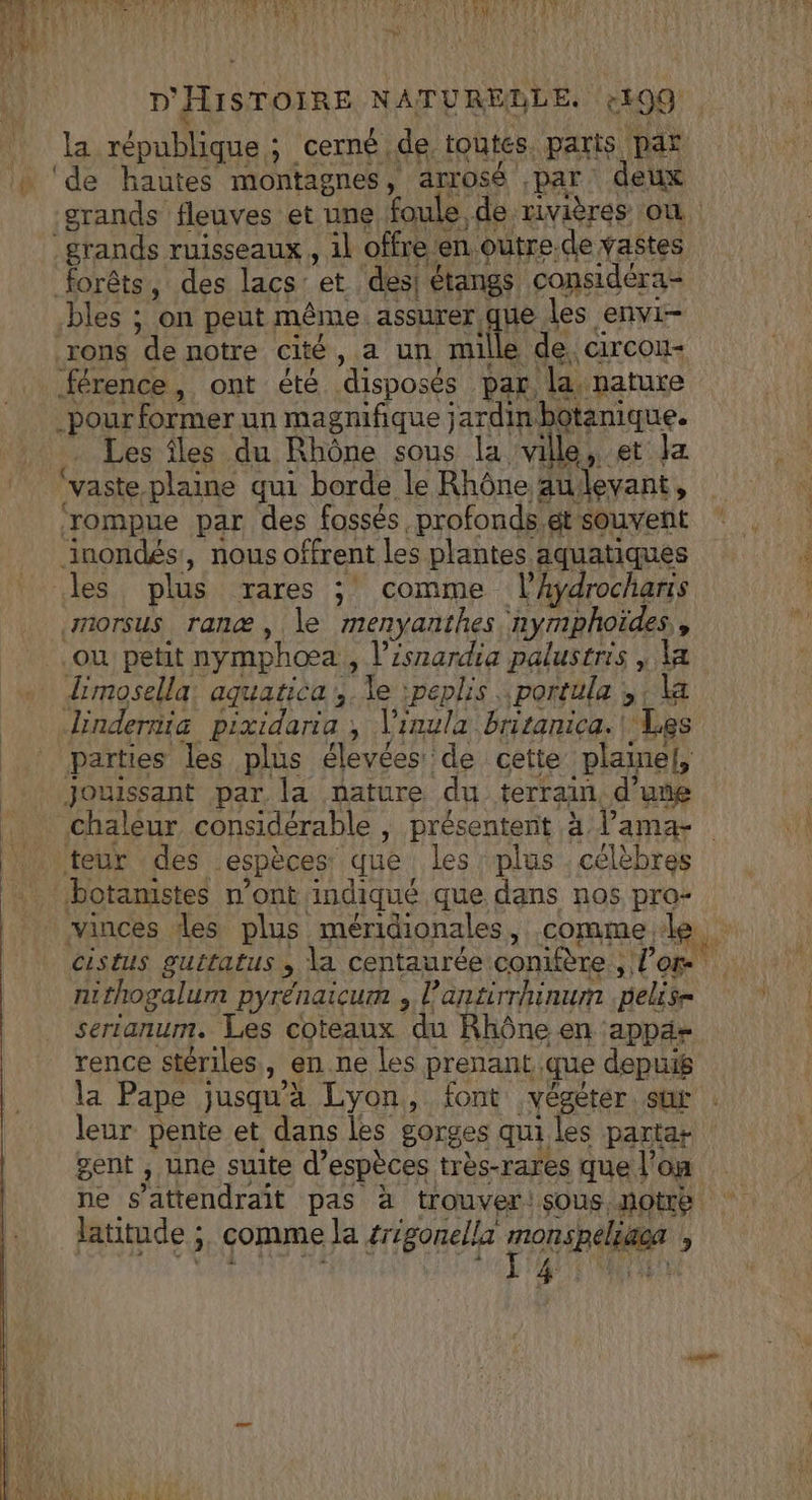 la république ; cerné de tontes. paris par ‘de hautes montagnes, arrosé par deux grands fleuves et une foule de rivières où grands ruisseaux , il offre e en outre.de vastes forêts, des lacs: et des| étangs considéra- bles ; on peut même assurer que les envi- rons de notre cité, a un mille de, circon+ férence, ont été disposés par, la, nature pour former un magnifique jardin botanique. Les îles du Rhône sous la ville, et la vaste, plaine qui borde le Rhône au: levant, les plus rares ; comme l’Aydrocharis limosella: aquatica le :peplis portula la cistus gultatus y la centaurée conifère , l'or nithogalum pyrénaicum , Pantirrhinum PA d serianum. Les coteaux ‘du Rhône en :appas rence stériles »,en ne les prenant, que depuis la Pape jusqu'à Lyon, font .végéter . SU leur pente et dans les gorges qui les partat gent ; une suite d'espèces très-rares que l'on ne s'attendrait pas à trouver!sous notre
