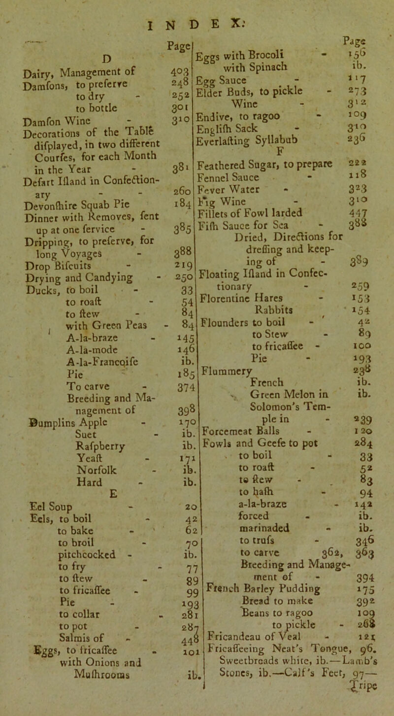 D fent for Dairy, Management of Damfons, to preferre to dry to bottle Damfon Wine - Decorations of the Table difplayed, in two different Courfes, for each Month in the Year Defart Illand in Confeftion- ary Devonfhire Squab Pie Dinner with Removes, up at one fervice Dripping, to preferve, long Voyages Drop Bifcuits Drying and Candying Ducks, to boil to roaft to flew with Green Peas A-la-braze A-la-mode A-la-Francqife Pie To carve Breeding and Ma nagement of Bumplins Apple Suet Rafpberry Yeaft Norfolk Hard E Eel Soup Eels, to boil to bake to broil pitchcocked - to fry to ftew to fricaffee Pie to collar to pot Salmis of ESgs, to fricaffee with Onions and Mulhrootss Page 4°3 248 252 3°[ 310 381 260 184 t 385 388 219 250 33 54 84 84 145 146 ib 185 374 398 170 ib ib 171 ib. ib. 20 42 62 7° ib. 77 89 99 193 281 28 44 101 Page ib. 117 273 312 109 310 236 222 ll8 iggs with Brocoli with Spinach igg Sauce Elder Buds, to pickle Wine ' indive, to ragoo inglifh Sack iverlafting Syllabub F Feathered Sugar, to prepare ennel Sauce ''ever Water - 323 Fig Wine - 310 Fiilets of Fowl larded 447 Fi(h Sauce for Sea - 388 Dried, Dire&ions for dreffing and keep- ing of - 3S9 Floating Illand in Confec- tionary - 259 Florentine Hares - 153 Rabbits »54 Flounders to boil - 4a to Stew - 89 to fricaffee - 100 Pie - 19,3 Flummery 23B French ib. Green Melon in ib. Solomon’s Tem- ple in - 239 Forcemeat Balls - 120 Fowls and Geefe to pot 284 to boil - 33 to roaft - 52 to flew - 83 to balh - 94 a-la-braze - 14a forced - ib. marinaded - ib. to trufs - 346 to carve 362, 363 Breeding and Manage- ment of - 394 French Barley Pudding 175 Bread to make 392 Beans to ragoo 109 to pickle - 268 Fricandeau of Veal - 121; Frieaffeeing Neat’s Tongue, 96. Sweetbreads white, ib. — Lamb’s ib. Stones, ib.—Calf’s Feet, 97—
