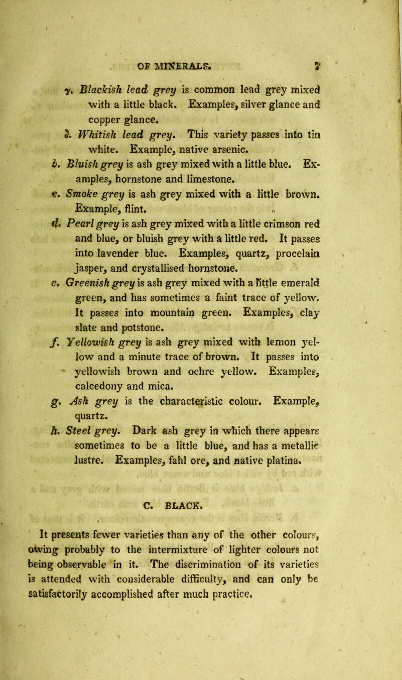 y. Blackish lead grey is common lead grey mixed with a little black. Examples, silver glance and copper glance. 2. Whitish lead grey. This variety passes into tin white. Example, native arsenic. b. Bluish grey is ash grey mixed with a little blue. Ex- amples, hornstone and limestone, e. Smoke grey is ash grey mixed with a little brown. Example, flint. d. Pearl grey is ash grey mixed with a little crimson red and blue, or bluish grey with a little red. It passes into lavender blue. Examples, quartz, procelain jasper, and crystallised hornstone. e. Greenish grey is ash grey mixed with a Tittle emerald green, and has sometimes a faint trace of yellow. It passes into mountain green. Examples, clay slate and potstone. f. Yellowish grey is ash grey mixed with lemon yel- low and a minute trace of brown. It passes into yellowish brown and ochre yellow. Examples, calcedony and mica. g. Ash grey is the characteristic colour. Example, quartz. fi> Steel grey. Dark ash grey in which there appears sometimes to be a little blue, and has a metallic lustre. Examples, fahl ore, and native platina. C. BLACK. It presents fewer varieties than any of the other colours, otving probably to the intermixture of lighter colours not being observable in it. The discrimination of its varieties is attended with considerable difficulty, and can only be satisfactorily accomplished after much practice.