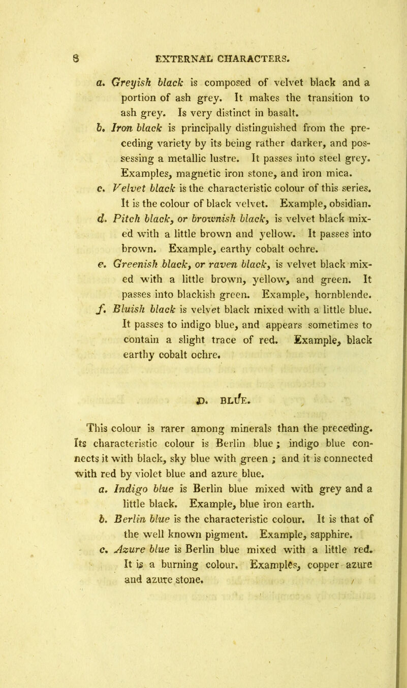 a. Greyish black is composed of velvet black and a portion of ash grey. It makes the transition to ash grey. Is very distinct in basalt. b. Iron black is principally distinguished from the pre- ceding variety by its being rather darker, and pos- sessing a metallic lustre. It passes into steel grey. Examples, magnetic iron stone, and iron mica. c. Velvet black is the characteristic colour of this series. It is the colour of black velvet. Example, obsidian, d Pitch black, or brownish black, is velvet black mix- ed with a little brown and yellow. It passes into brown. Example, earthy cobalt ochre. e. Greenish black, or raven black, is velvet black mix- ed with a little brown, yellow, and green. It passes into blackish green. Example, hornblende. f. Bluish black is velvet black mixed with a little blue. It passes to indigo blue, and appears sometimes to contain a slight trace of red. Example, black earthy cobalt ochre. JD. BLlfe. This colour is rarer among minerals than the preceding. Its characteristic colour is Berlin blue; indigo blue con- nects it with black, sky blue with green ; and it is connected with red by violet blue and azure blue. a. Indigo blue is Berlin blue mixed with grey and a little black. Example, blue iron earth. b. Berlin blue is the characteristic colour. It is that of the well known pigment. Example, sapphire. e, Azure blue is Berlin blue mixed with a little red. It is a burning colour. Examples, copper azure and azure stone. /