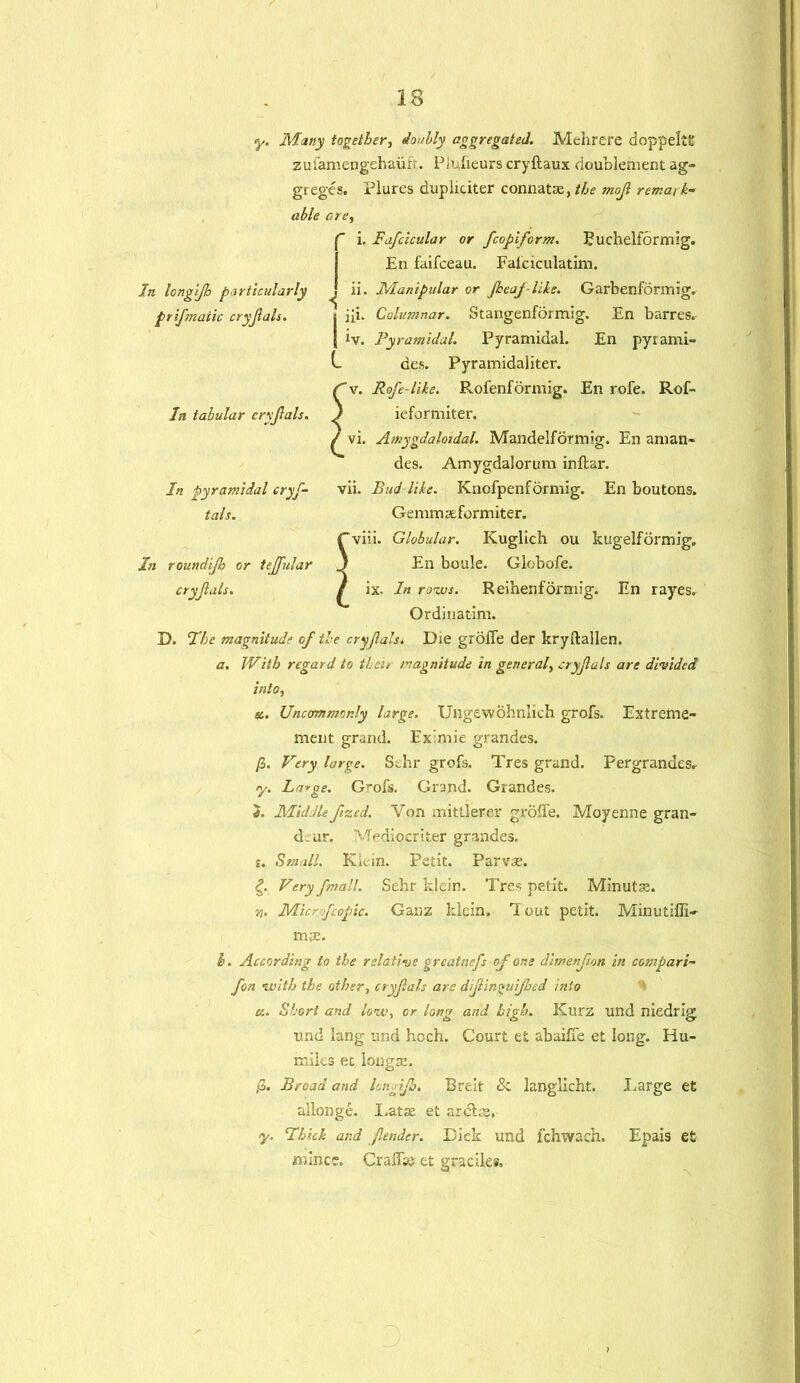 13 y. Many together, iouhly aggregated. Melirere doppeltfc zufamengehaiift. Piufieurs cryftaux doublement ag- greges. Plures dupliciter connatae, the mojl rema,k~ able are. In longljh particularly ptifmaiic cryfals. In tabular eryjials. In pyramidal eryf- tals. In roundijh or teffular cryjlals. i. Fafcicular or fcopiform. Euchelformig. En faifceau. Falcicuiatim. ^ ii. Manipular or Jheaf-like. Garbenfdrmig. iii. Columnar. Stangenformig. En barres. iv. Pyramidal. Pyramidal. En pyrami- ded. Pyramidaliter. <v. RoJ,e-like. Rofenformig. En rofe. Rof- ) ieformiter. ' vi. Amygdaloidal. Mandelformig. En aman- des. Amygdaiorum inftar. vii. Bud Hie. Knofpenformig. En boutons. Gemmseformiter. Gviii. Globular. Kuglich ou kugelformig, J En boule. Globofe. / ix. In rows. Reihenformig. En rayes. Ordinatim. D. The magnitude of the cryjlals. Die grdffe der kryftallen. a. With regard to their magnitude in general, cryjlals are divided into, a. Uncommonly large. Ungewohnlich grofs. Extreme- ment grand. Eximie grandes. /?. Very large. Schr grofs. Tres grand. Pergrandes, y. La*ge. Grofs. Grand. Grandes. a. Middle fized. Von mittlerer grdffe. Moyenne gran- d ar. VTediocriter grandes. t. Small. Klein. Petit. Parvas. £. Very fmall. Sehr klein. Tres petit. Minutse. n. Mia- jeopic. Ganz klein. Tout petit. Minutiffi- mse. b. According to the relative greatnefs of one dimenfion in compart- fon with the other, cryfals are difin^aifoed into a. Short and low, or long and high. Kurz und niedrig und lang und hoch. Court et abaiffe et long. Ha- ndles ec lor;gee. j3. Broad and longifa. Breit & langlicht. .Large et allonge. Latae et ardlse, y. Thick and fender. Diek und fchwach. Epais et mince. Graff# et graciles. 5