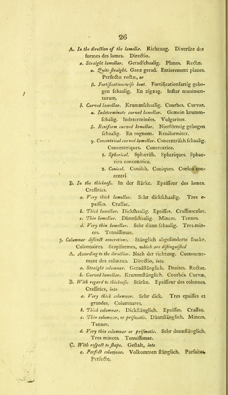 f,. In the direction of the lamella. Richtung. Diverfite dei formes des lames. Diredlio. a. Straight lamellar. Geradfchaalig. Planes. Redta;. a. <5'uite Jlraight. Ganz gerad. Entierement planes. Perfedtas redlae, or ft. Fortifcationsivife bent. Fortifjcationfartig gebo- gen fchaalig. En zigzag. Inflar munimen- torum. b. Curved lamellar. Krummfchaalig. Courbes. Curvae. «. Indeterminate curved lamellar, Gemein krumm- fchalig. Indeterminees. Vulgariter. ft. Renform curved lamellar, Nierfdrmig gebogen fchaalig. En rognons. Reniformiter. y. Concentrical curved lamellar. Concentrifch fchaalig, Concentriques. Concentrice. i. Spherical. Sphseriffi. Spheriques. Sphae- rico concentrice. 1. Conical. Ccnifch. Coniques. Conico.con- centri 3- In the thick refs. In der ftarke. Epailfeur des lames. Craffities. a. Very thick lamellar. Sehr dickfchaalig. Tres e- paiffes. Crafiae. 1. 'Thick lamellar. Dicklhaalig. Epaifles. Craffiusculac. c. Thin lamellar. Diinnfchaalig. Minces. Tenues. d. Very thin latnellar. Sehr diinn fchaalig. Tres Jnin- ces. Tenuiffimae. 3. Columnar dfinCl concretions.. Stanglich abgefonderte flucke, Colonnaireg. Scapiformes, -which are dijlinguijhed A. According to the direction. Nach der richtung. Contourne- mqnt des colonnes. Diredlio, into, a. Straight columnar. Geradftanglich. Droites. Redtae. h. Curved lamellar. Krummftanglich. Courbes. Curvse. B. With regard to thicknefs. Starke. Epaifieur des colonnes. Craffities, into a. Very thick columnar. Sehr dick. Tres epaifles et grandes. Columnares. b. Thick columnar. DickAanglich. Epaifles. Craflae. c. Thin columnar, or prifmatic. Diinnfta,nglich. Minces. Tenues. d. Very thin columnar or prifmatic. Sehr dunnftanglich, Tres minces. Tenuiffimae. C. With rcfpedl to Jhape. Geftalt, into a. Perfedi columnar. Volkommen flanglich. Parfaite«. Perfe&e.