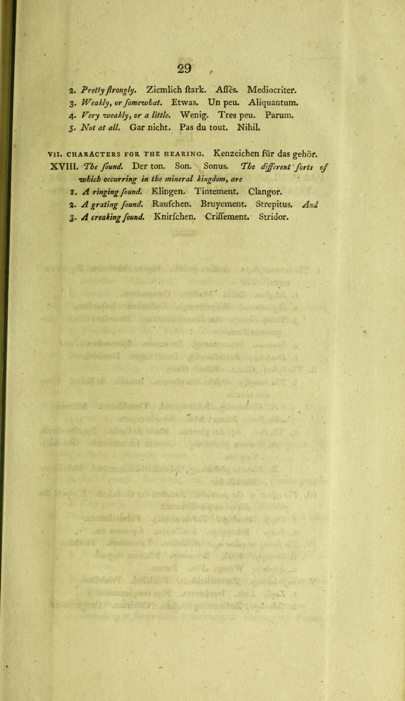 2. Pretty flrongly. Ziemlich ftark. Afles. Mediocriter. 3. Weakly, or fomewhat. Etwas. Un peu. Aliquantum. 4. Very weakly, or a little. Wenig. Tres peu. Parum. 5. Not at all. Gar nicht. Pas du tout. Nihil. vii. characters for the hearing. Kenzeichen fur das gehor. XVIII. The found. Der ton. Son, Sonus. The different forts of •which occurring in the mineral kingdom, are 1. A ringing found. Klingen, Tintement. Clangor. 2. A grating found. Raufchen. Bruyement. Strepitus. And 3. A creaking found. Knirfchen. Criffement. Stridor.