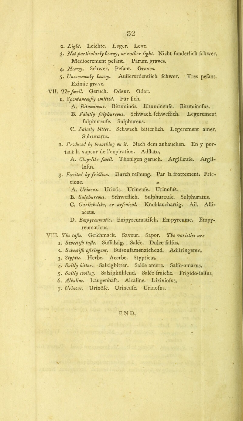 2. Light. Leichte. Leger. Leve. 3. Not particularly heavy 1 or rather light. Nicht fonderlich fchwer, Mediocrement pefant. Parum graves. 4. Heavy. Schwer. Pefant. Graves. 5. Uncommonly heavy. Aufferordentlich fchwer. Tres pefant. Eximie grave. VII. Thefmell. Geruch. Odeur. Odor. I. Spontaneoujly emitted. Fiir lich. A. Bituminous. Bituminos. Bitumineufe. Bituminofus, B. Faintly fulphureous. Schwach fchweflich. Legerement fulphureufe. Sulphureus. C. Faintly bitter. Schwach bitterlich. Legerement amer. Subamarus. а. Produced by breathing on it. Nach dem anhauchen. En y por- tant la vapeur de l’expiration. Adflatu. A. Clay-like fmell. Thonigen geruch. Argilleufe. Argil- lofus. 3. Excited by friSlion. Durch reibung. Par la frottement. Fric- tione. •» A. Urinous. Urinos. Urineufe. Urinofus. B. Sulphureous. Schweflich. Sulphureufe. Sulphuratus. C. Gar lick-like, or arfenical. Klloblauchartig. Ail. Alii- aceus. D. Empyreumatic. Empyreumatifch. Empyreume. Empy- reumaticus. VIII. The tajle. Gefchmaclc. Saveur. Sapor. ‘The varieties are 1. S’weetijh tajle. Siifialzig. Salee. Dulce falfus. 2. Siveetijh ajlringcnt. Sufszufamenziehend. Adftringente. 3. Styptic. Herbe. Acerbe. Stypticus. 4. Saltly bitter. Salzigbitter. Salee amere. Salfo-amarus. 5. Saltly cooling. Salzigkxihlend. Salee fraiche. Frigido-falfus, б. Alkaline. Laugenhaft. Alcaline. Lixiviofus. 7. Urinous. Urindfe. Urineufe. Urinofus. END.