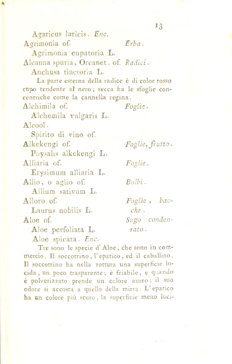 *3 Agaricns laricls. Eric. Agrimonia of. Erba. Agrimonia eupatoria L. Alcanna spuria, Orcanet. of. Radici. Anchusa tinctoria L. La parte esterna della radice è di color rosso capo tendente al nero ; secca ha le sfoglie con- centriche come la cannella regina. Alchimila of Alchemila vulgaris L. Alcool. Spirito di vino of. Foglie. Alkekengi of Piiysalis alkekengi L. Foglie, frutto. Aliiaria of Erysimum aliiaria L. Foglie. Allio, o aglio of. Allium sativum L. Bulbi. Alloro of Foglie , bac- Laurus nobilis L. che ■ Aloe of. Sugo conden- Aloe perfoliata L. Aloe spicata. Eric. sato . Tre sono le specie d’Aloe, che sono in com- mercio. Il soccotrino , 1’epatico , ed il caballino. Il soccotrino ha nella rottura una superficie lu- cida, un poco trasparente; è friabile, e quando è polverizzato prende un colore aureo ; il suo odore si accosta a quello della mirra. L’ epatico ha un colore più scuro, la superficie meno luci-