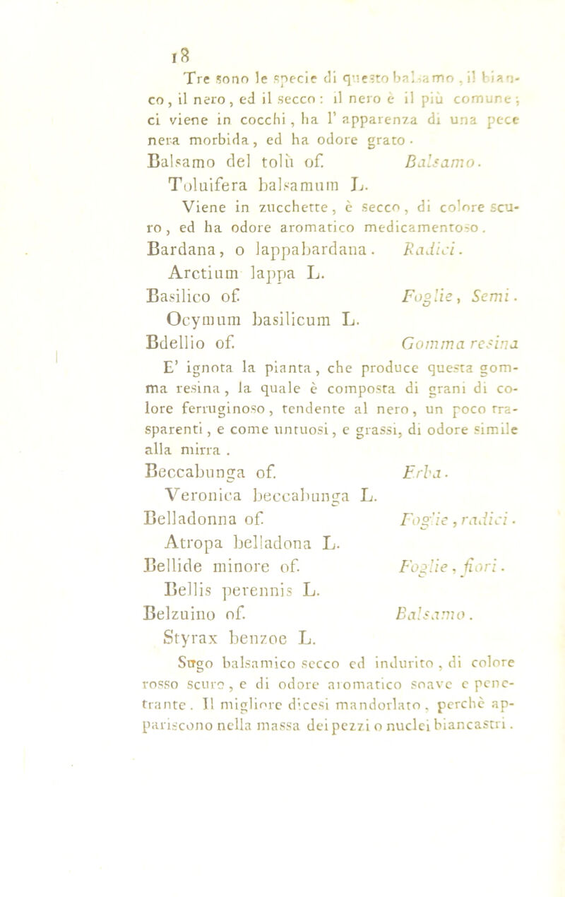 Tre sono le specie di questo baliamo . i! bian- co, il nero, ed il secco: il nero è il più comune-, ci viene in cocchi , ha 1’ apparenza di una pece nera morbida, ed ha odore grato- Balsamo del tolti of. Balsamo. Toluifera balsamum L. Viene in zucchette, è secco, di colore scu- ro, ed ha odore aromatico medicamentoso. Bardana, o lappabardana . Radici. Arctium lappa L. Basilico of Foglie, Semi. Ocymum basilicum L. Bdellio of. Gomma resina E’ ignota la pianta, che produce questa gom- ma resina, la quale è composta di grani di co- lore ferruginoso, rendente al nero, un poco Tra- sparenti , e come untuosi, e grassi, di odore simile alla mirra . Beccabunga of. Erba. Veronica beccabunga L. Belladonna of Foglie, radici. Atropa belladona L. Bellide minore of. Foglie, fiori. Bellis perennis L. Belzuino of. Balsamo. Styrax benzoe L. Strgo balsamico secco ed indurito , di colore rosso Scuro , e di odore aromatico soave c pene- trante. Il migliore dicesi mandorlato, perchè ap- pariscono nella massa dei pezzi o nuclei biancastri.