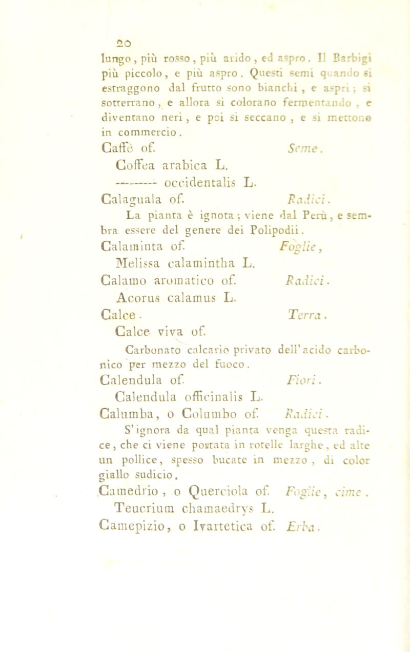 più piccolo, e più aspro. Questi semi q amiosi estraggono dal frutto sono bianchi , e a-pri ; si sotterrano , e allora si colorano fermentando , e diventano neri, e poi si seccano , e si mettono in commercio. Caffè of. Seme. Coffea arabica L. oceidentalis L. Calaguala of. Radici. La pianta è ignota; viene dal Perù, e sem- bra essere del genere dei Polipodii. Calaminta of. Foglie, Melissa calamintha L. Calamo aromatico of. Radici. Acorus calartius L. Calce . Terra. Calce viva of. Carbonato calcarlo privato dell’acido carbo- nico per mezzo del fuoco. Calendula of. Fiori. Calendula ofiìcinalis L. Calumba, o Colombo of. Radici. S’ignora da qual pianta venga questa radi- ce, che ci viene portata in rotelle larghe, ed alte un pollice, spesso bucate in mezzo , di color giallo sudicio. Camedrio, o Querciola of. Foglie, cime. Teucriutn chamaedrys L. Camepizio, o Ivartetica of. Erba.