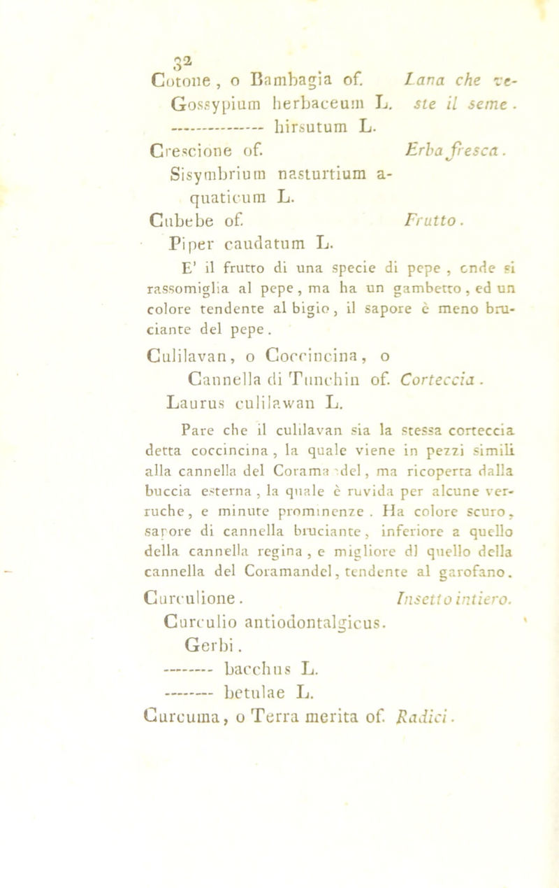 3* lana che re- ste il seme . Erba fresca. Frutto . Cotone , o Bambagia of. Gossypium herbaceum L. hirsutum L. Crescione of. Sisymbrium nasturtium a- quaticum L. Cubebe of. Pi per caudatum L. E’ il frutto di una specie di pepe , onde si rassomiglia al pepe , ma ha un gambetto , ed un colore tendente al bigio, il sapore è meno bru- ciante del pepe . Culilavan, o Corrincina, o Cannella di Tunchin of. Corteccia . Laurus culilawan L. Pare che il culilavan sia la stessa corteccia detta coccincina, la quale viene in pezzi simili alla cannella del Corama'del, ma ricoperta dalla buccia esterna , la quale è ruvida per alcune ver- ruche, e minute prominenze. Ha colore scuro, sarore di cannella bruciante, inferiore a quello della cannella regina , e migliore d] quello della cannella del Coramandel, tendente al garofano. Cureulione. Insetto intiero. Curculio antiodontalgicus. Gerbi. bacches L. betulae L. Curcuma, o Terra merita of. Radici.