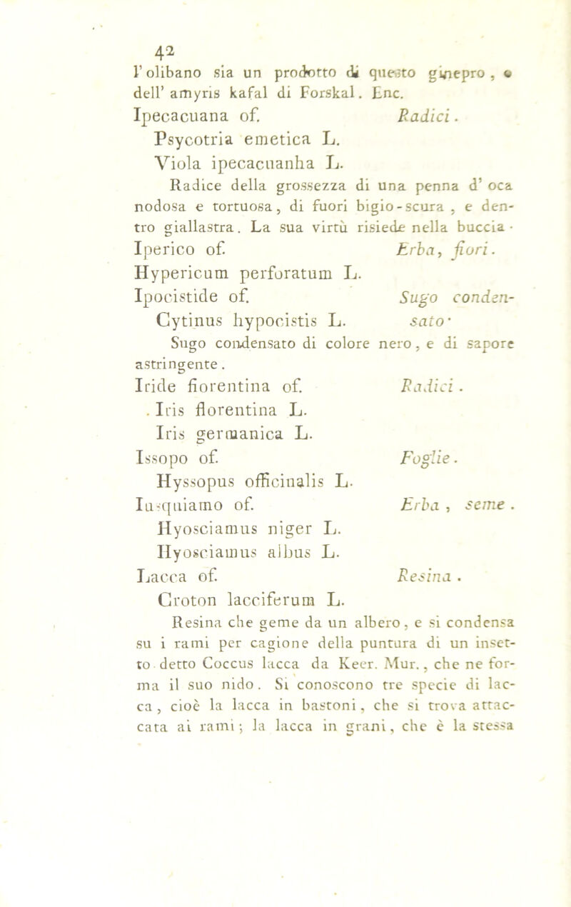 l’olibano sia un prodotto dì questo ginepro , w dell’ amyris kafal di Forskal. Enc. Ipecacuana of. Psycotria emetica L. Viola ipecacuanha L. Radici. Radice della grossezza di una penna d’ oca nodosa e tortuosa, di fuori bigio-scura , e den- tro giallastra. La sua virtù risiede nella buccia- Iperico of. Erba, fiori. Hypericum perforatimi L. Ipocistide of. Cytinus hypocistis L. Sugo conden- sato • Sugo condensato di colore nero, e di sapore astringente. Iride fiorentina of. . Iris fiorentina L. Radici. Iris germanica L. Issopo of. Foglie. Hyssopus officinali Li- Iu-quiarno of. Hyosciamus niger L. Hyosciainus aibus L. Erba , seme . Lacca of. Croton lacciferum L. Resina . Resina che geme da un albero, e si condensa su i rami per cagione della puntura di un inset- to detto Coccus lacca da Keer. Mur., che ne for- ma il suo nido . Si conoscono tre specie di lac- ca , cioè la lacca in bastoni, che si trova attac- cata ai rami; la lacca in grani, che è la stessa